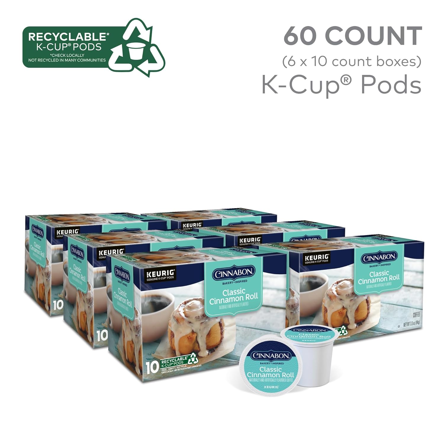Cinnabon Classic Cinnamon Roll Coffee, Keurig Single Serve K-Cup Pods, Light Roast Coffee, 60 Count, (6 Packs of 10)