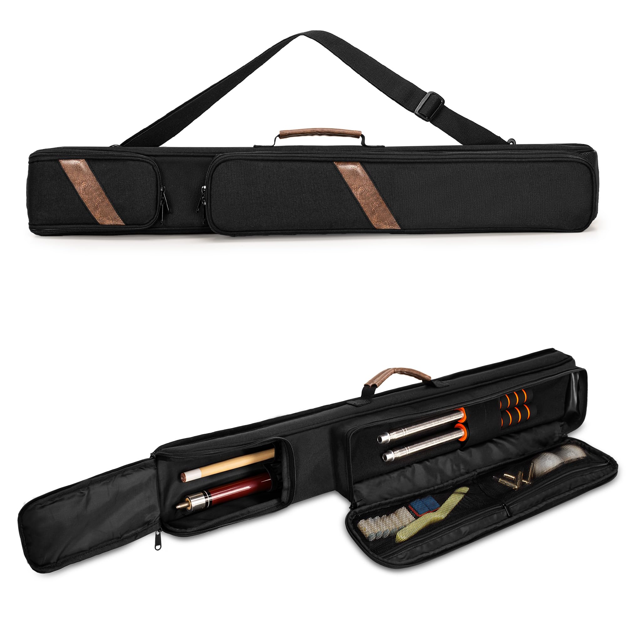 Rexmica 1x1 Pool Cue Case Holds 1 Butt and 1 Shaft, Padded Billiard Snooker Stick Bag with Front Accessory Pocket, Billiard Pool Cue Carrying Case Bag with Handle and Detachable Shoulder Strap