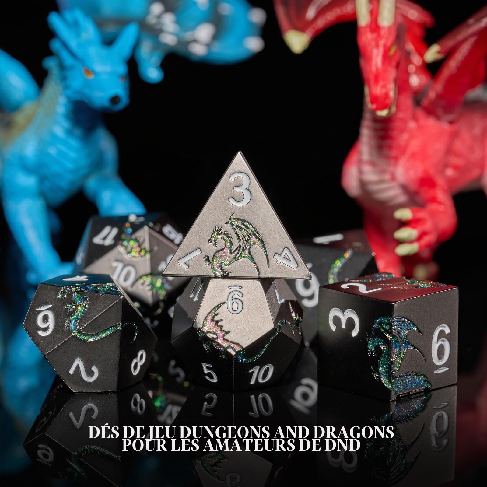 Set de 7 dés JDR en métal, dés polyédriques DND en Alliage de Zinc avec Dragon 3D et Coffret Cadeau magnétique, pour Jeux de rôle sur Table (Noir Vert pailleté)