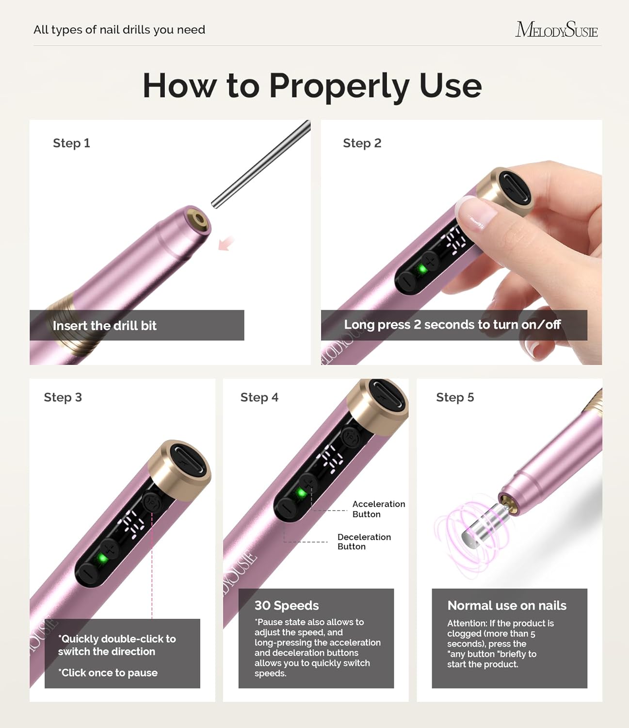 MelodySusie Pen-Shaped Ultra-Slim Cordless Nail Drill, PM170F 30000RPM Portable Rechargeable Electric File with LED Display for All Manicure, Nail Care, Shaping & Gel Removal for Advanced Home Use