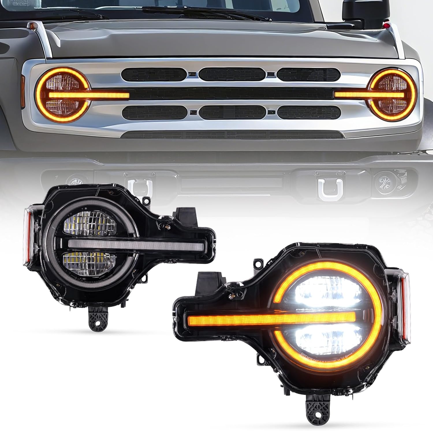 Archaic Headlights Compatible for 2021-2024 Ford Bronco 2 or 4 Door [Base/Big Bend/Badlands/Wildtrak/First Edition/Raptor],w/Amber/White Startup Animated DRL,Sequential Turn Signal, Plug and Play.pair