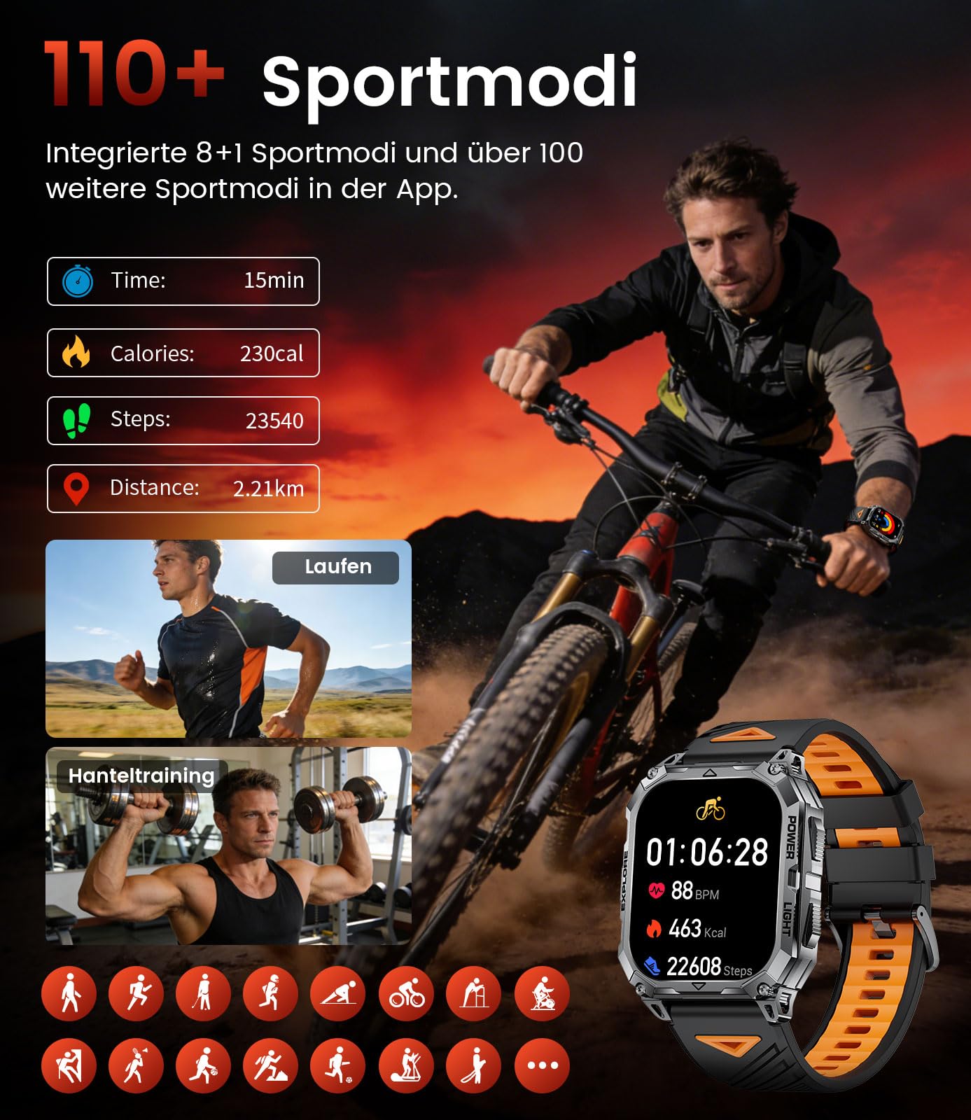 FITFLEX Militär Smartwatch Herren mit 1000 mAh,2,01" HD Großes Touchscreen Smartwatch mit Telefonfunktion/Herzfrequenz/SpO2/Schlafmonitor,IP68 Wasserdicht Fitnessuhr mit 120+Sportmodi für iOS Android