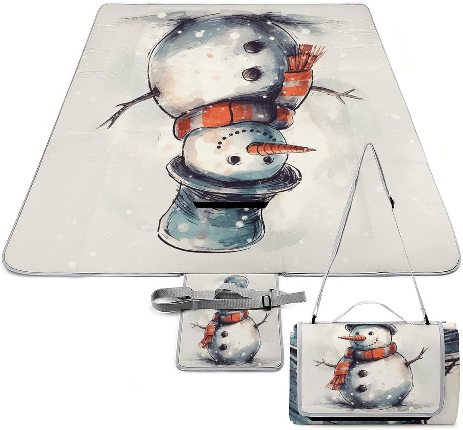 Outdoor Picnic Blanket Extra Large Beach Blanket Waterproof Picnic Mat Hand Drawn Snowman Camping Blanket Portable with Carry Strap Park Blanket for Grass Camping Park