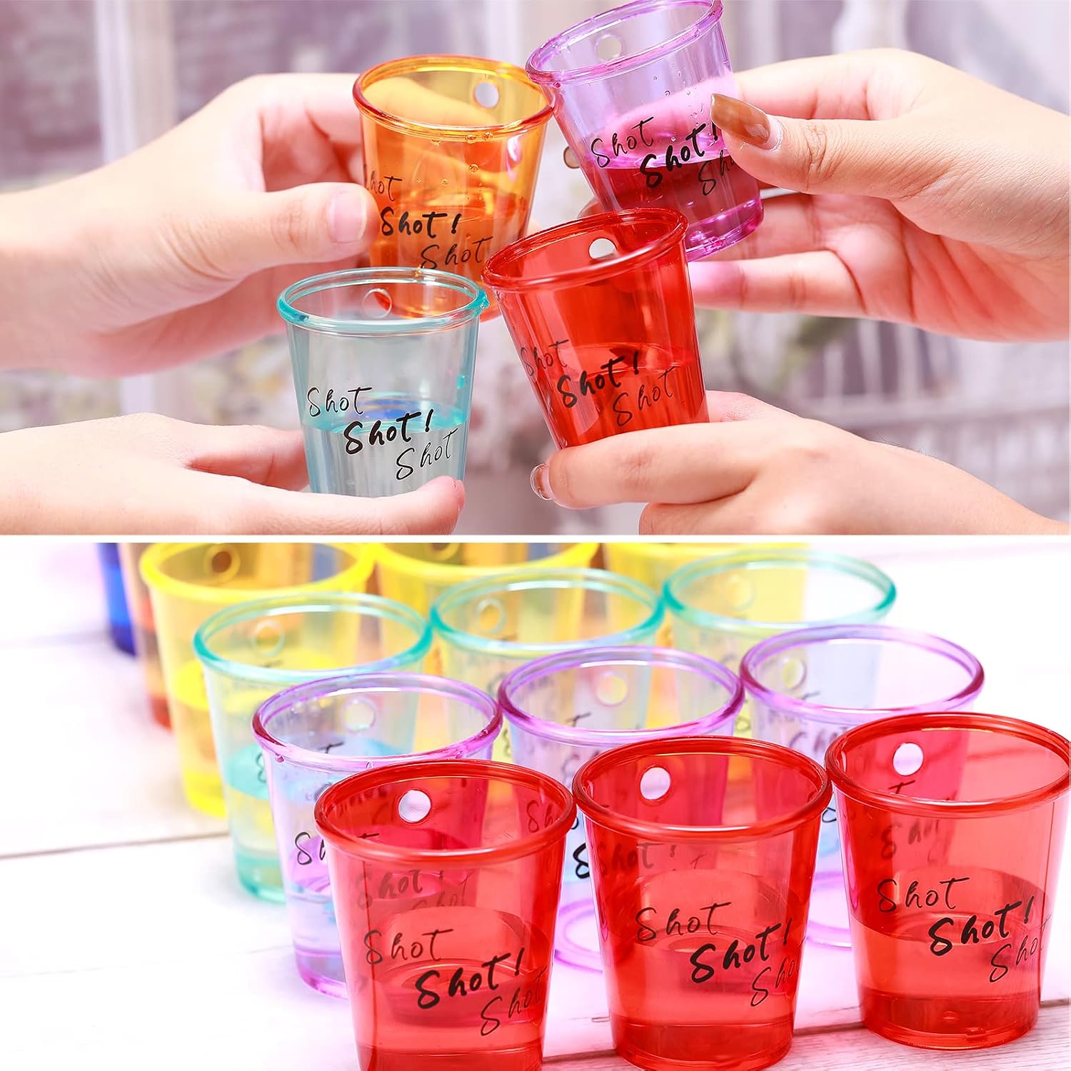 Hillban 24 Pcs Shot Glass Necklaces Cups Plastic Shot Glass on Beaded Necklace Colorful Mini cups for Bachelorette Wedding Party Birthday Gifts