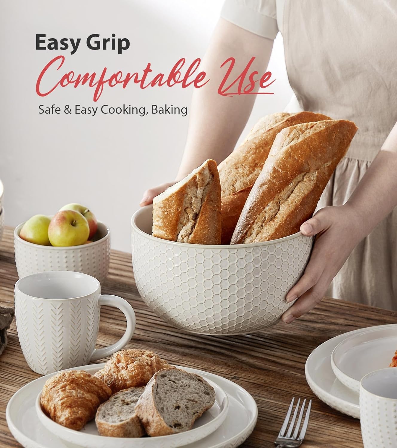 Lareina Ceramic Large Mixing Bowls Set of 4, Nesting Bowls for Cooking, Baking, Salad Etc, Serving Bowls Gift, Kitchen Stoneware, Oven, Microwave and Dishwasher Safe - 20/44/98/145 OZ, Ivory White - Image 5