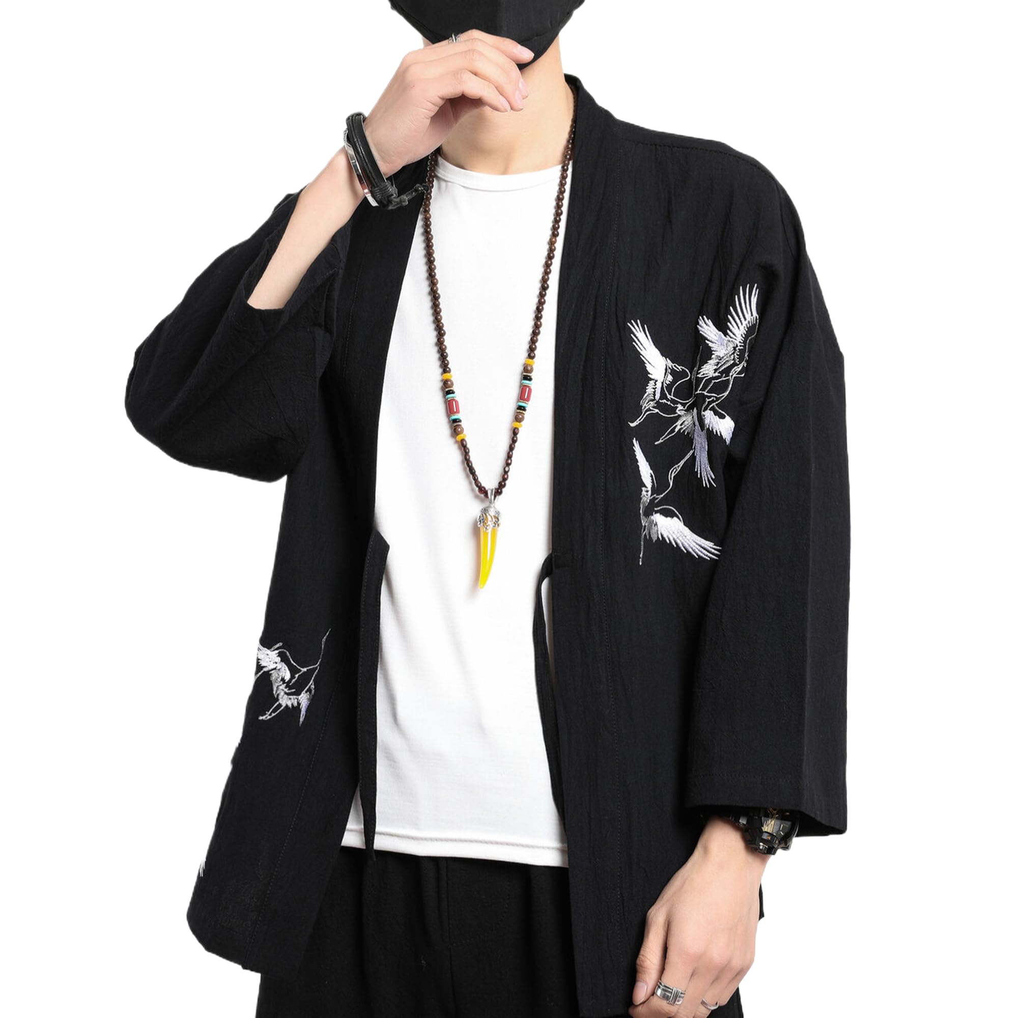 Men's Japanese Kimono Cardigan Loose Cotton Linen 3/4 Sleeve Open Front Casual Summer Shirt Jackets