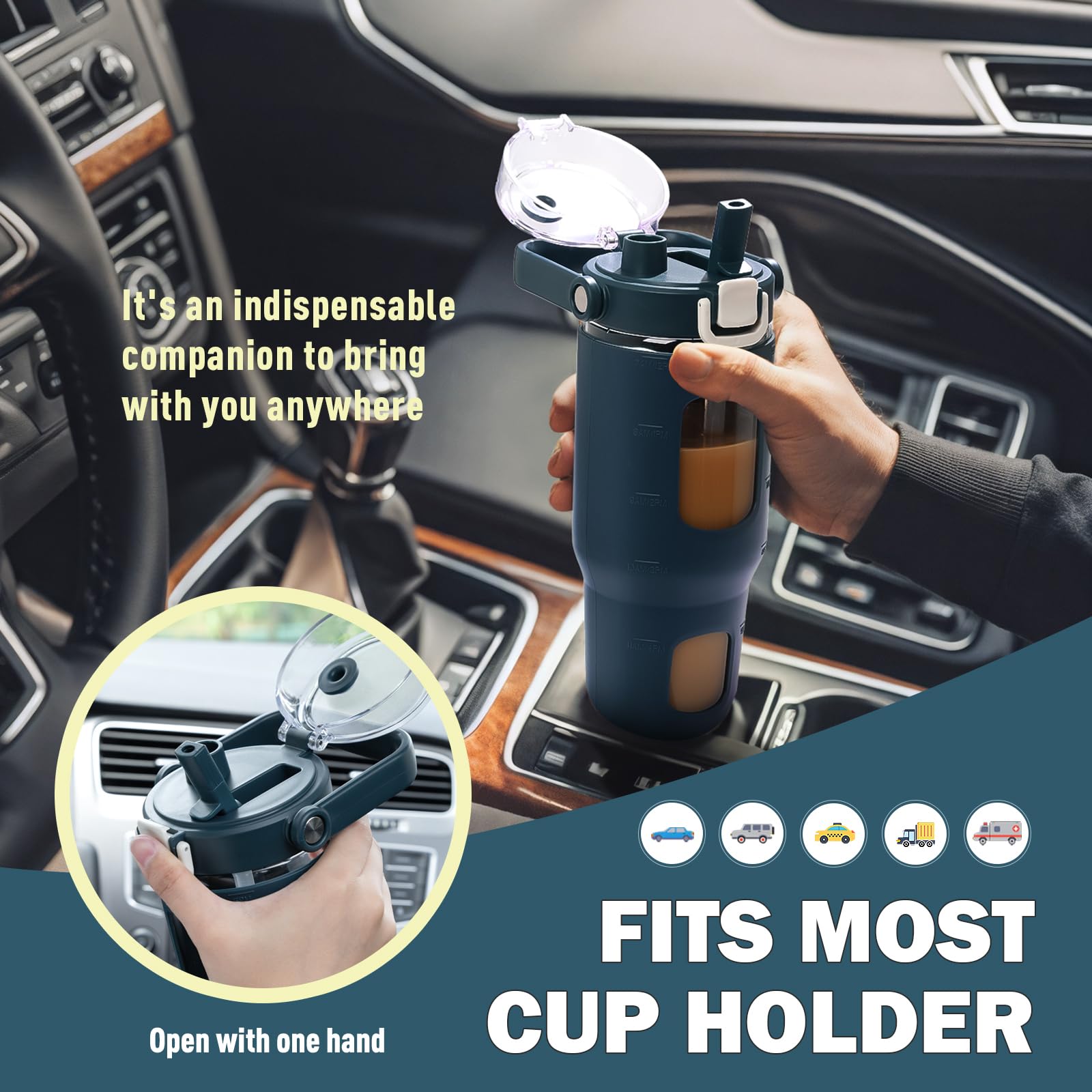 BLUEGO 960ml Bottiglie d'acqua in vetro con cannuccia e indicatore del tempo Bottiglia d'acqua sportiva grande con custodia in silicone 0,96 litri Brocca d'acqua in vetro per palestra, Blu scuro