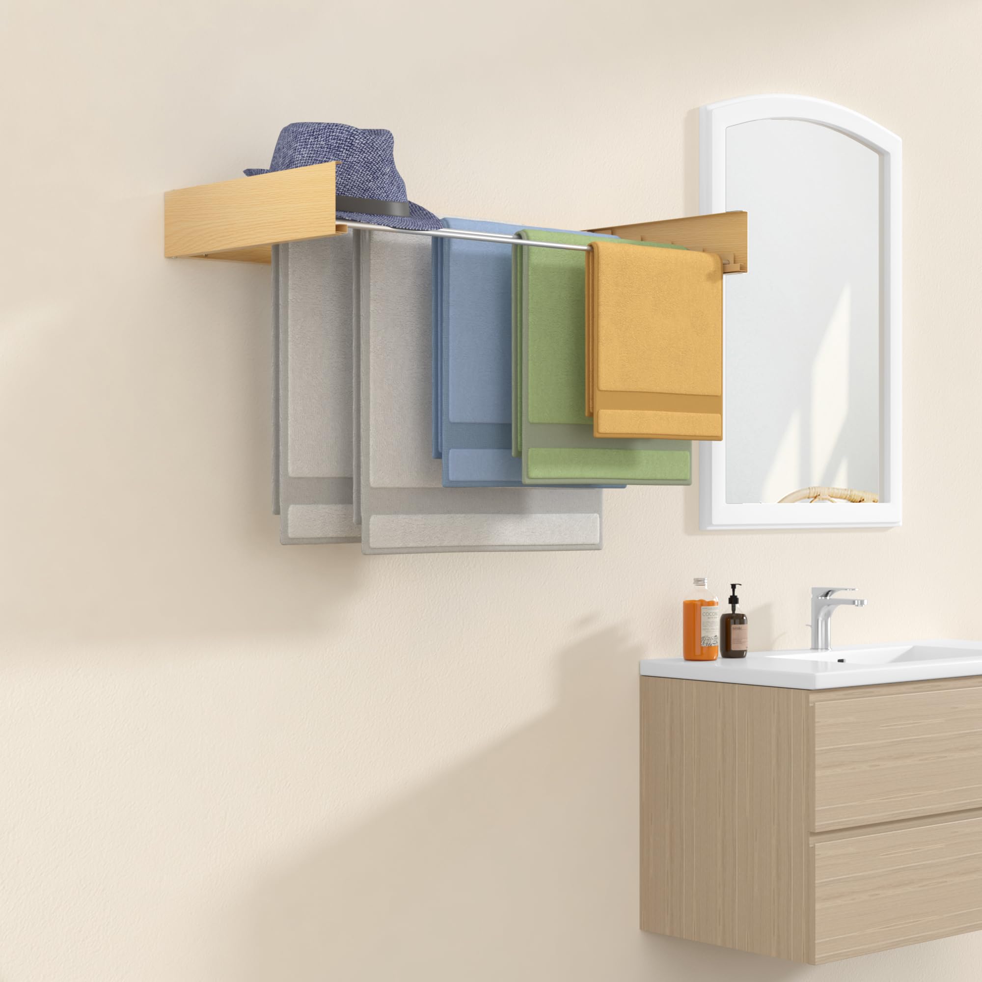 Étendoir à linge mural pliable en aluminium avec corde à linge rétractable pour intérieur/extérieur avec corde à linge blanche peu encombrante et capacité robuste de 10 kg (design en bois, 80)
