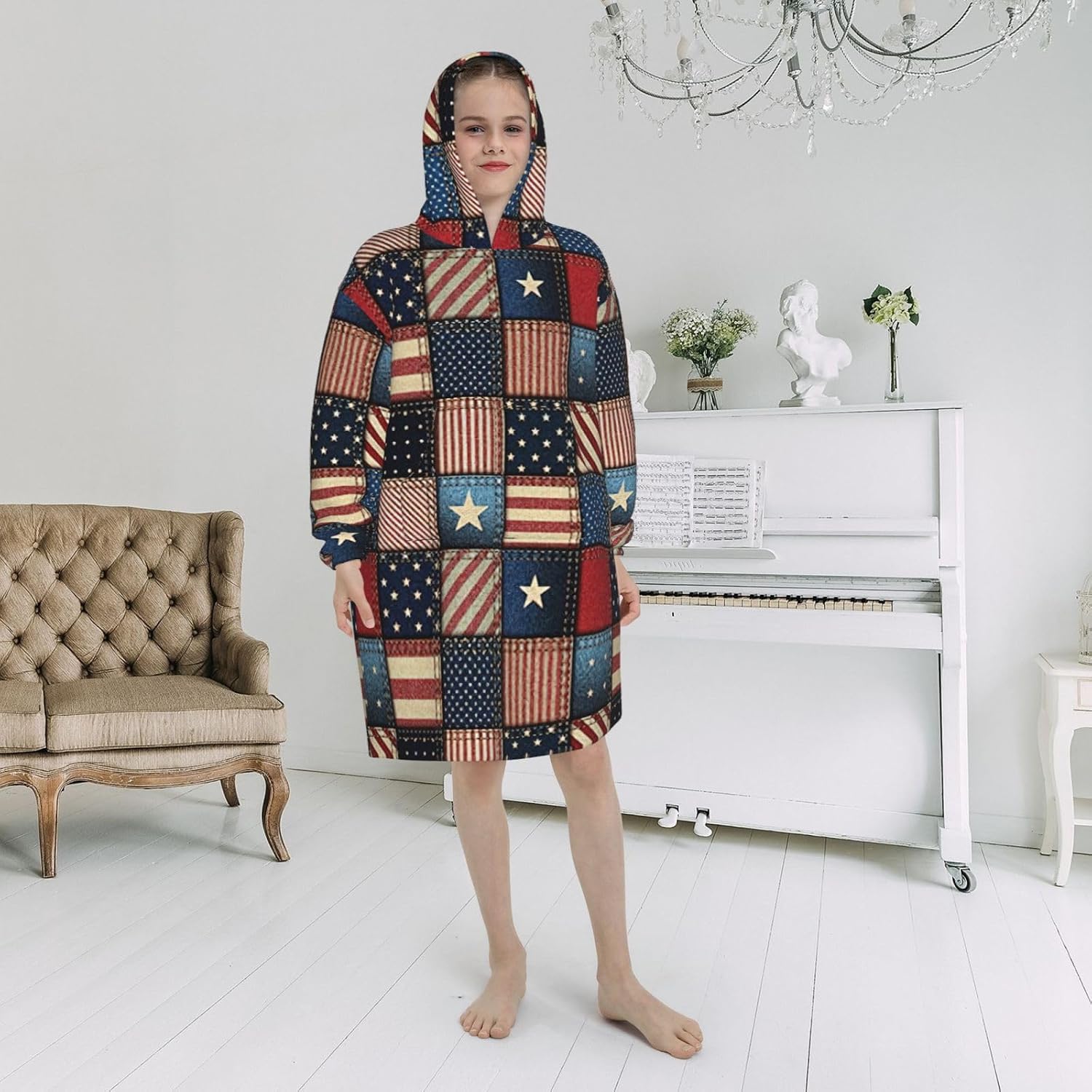 American Flag Patchwork Print Oversized Blanket Hoodie, Wearable Blanket Hooded,Hooded Pullover With Pocket
