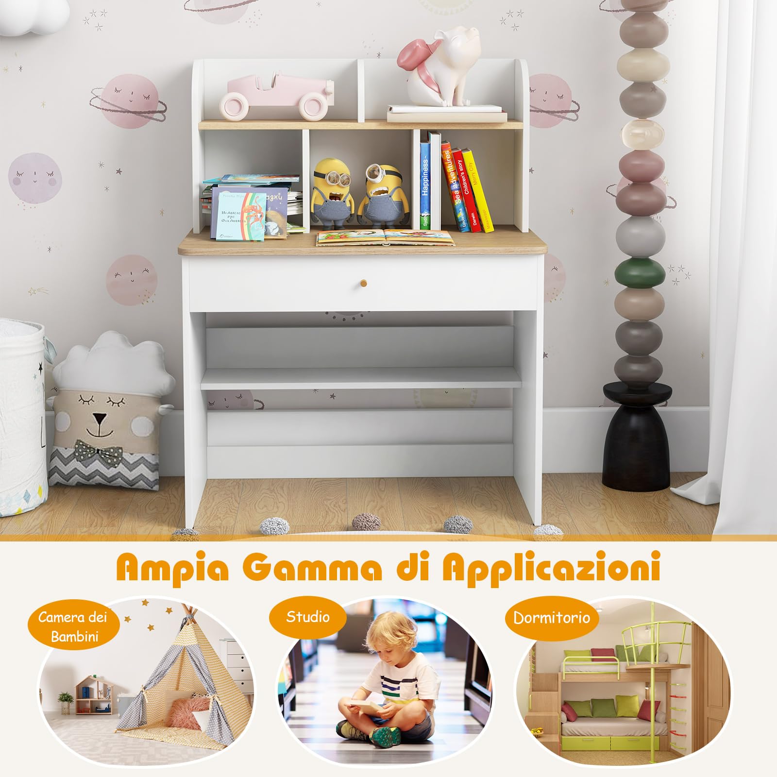 COSTWAY Scrivania in Legno 80 x 48 x 102 cm per Bambini 3+ Anni, Scrivania Cameretta Bambina con 5 Mensole, 1 Cassetto, Spazio di Lavoro e Angoli Arrotondati, Ideale per Studio e Disegno (Naturale)