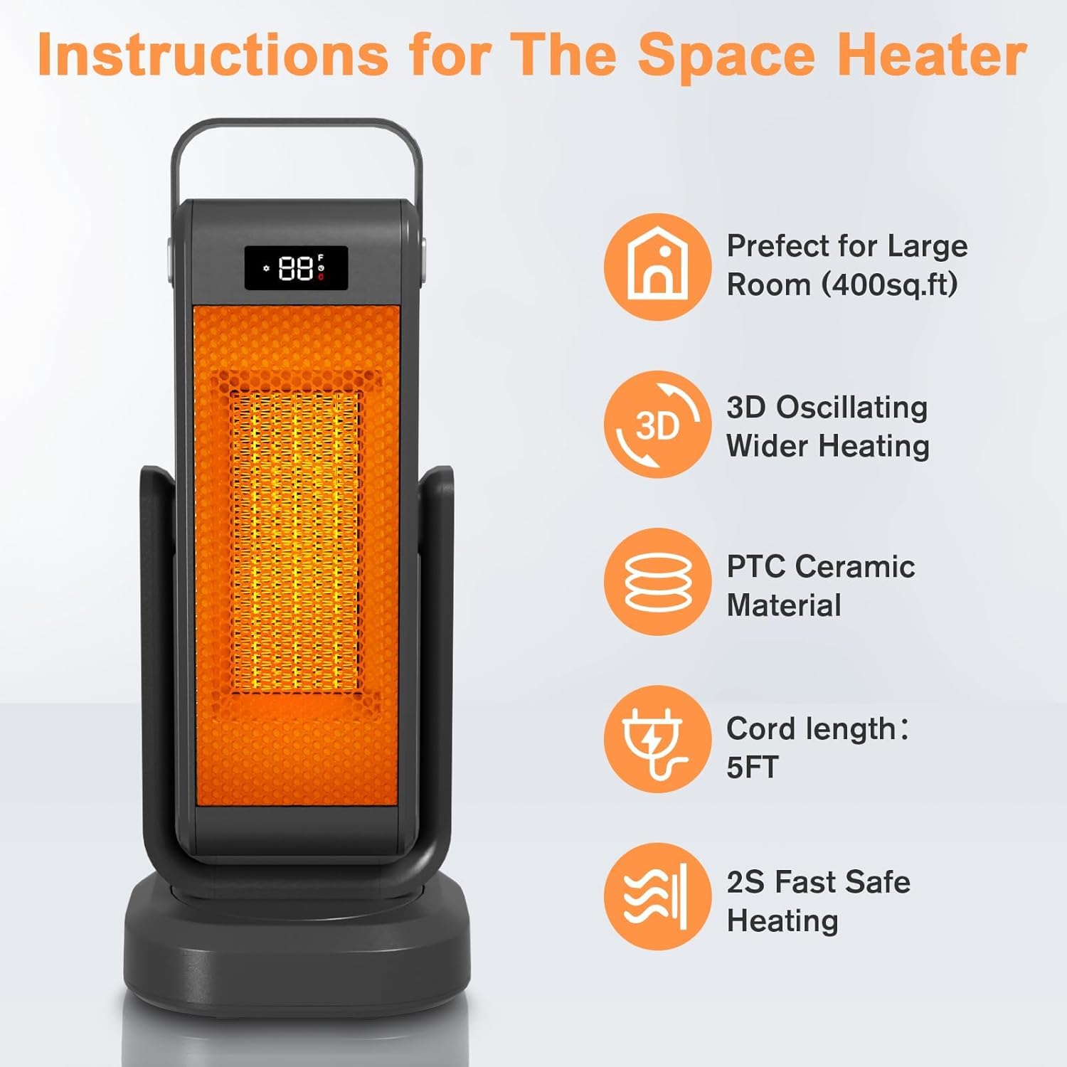 review Heaters for Indoor Use, Space Heater for Large Room with 60° Adjustable Angle 3D Oscillating, Thermostat,4 Mode 2s Fast Safe Heating, Potable Electric Heaters for Bedroom,Bathroom,Office,Garage