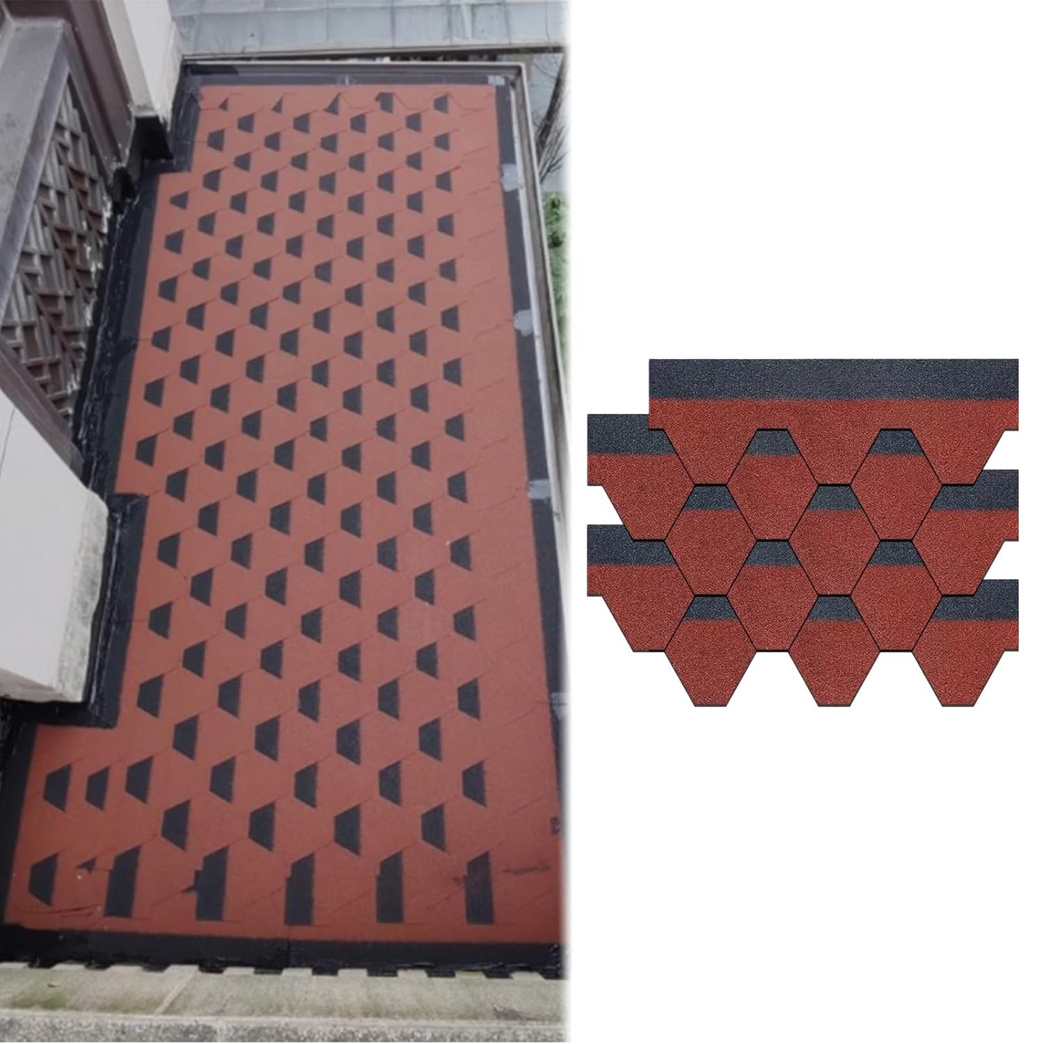 Roofing Asphalt Shingles, 39.37"x12.79" Red Colored Sand Asphalt Shingles with Hot melt Adhesive Layer, for Concrete/Wood/Glass/Metal Roofs, Balconies, Roof Renovation, Villas, Hotels(105pcs)