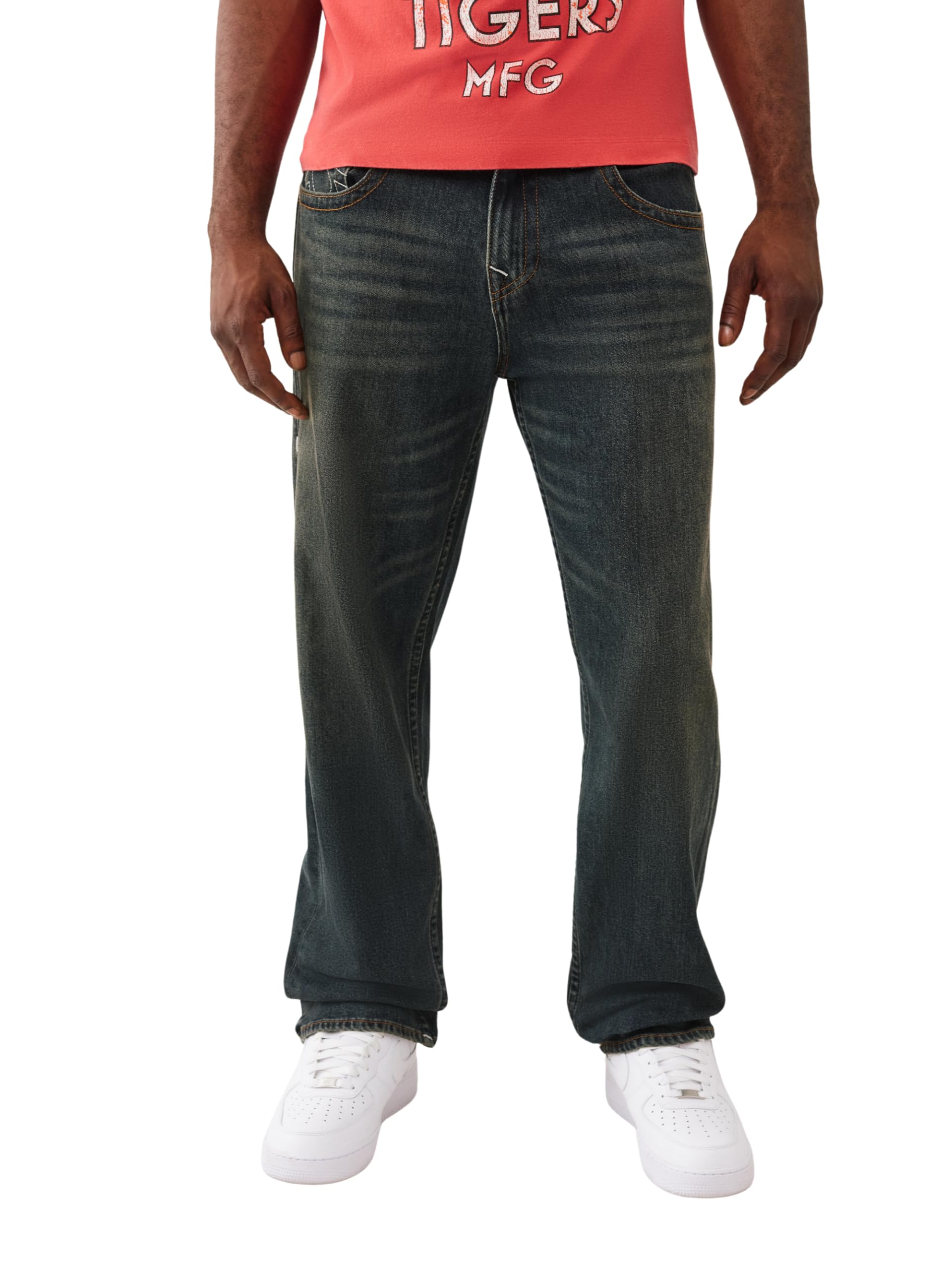 True Religion Men's Bobby SN Stitching Stitching Flap Jeans 32" Inseam – Relaxed Bootcut Denim with Back Flap Pockets, Greenland Dark Wash, 32