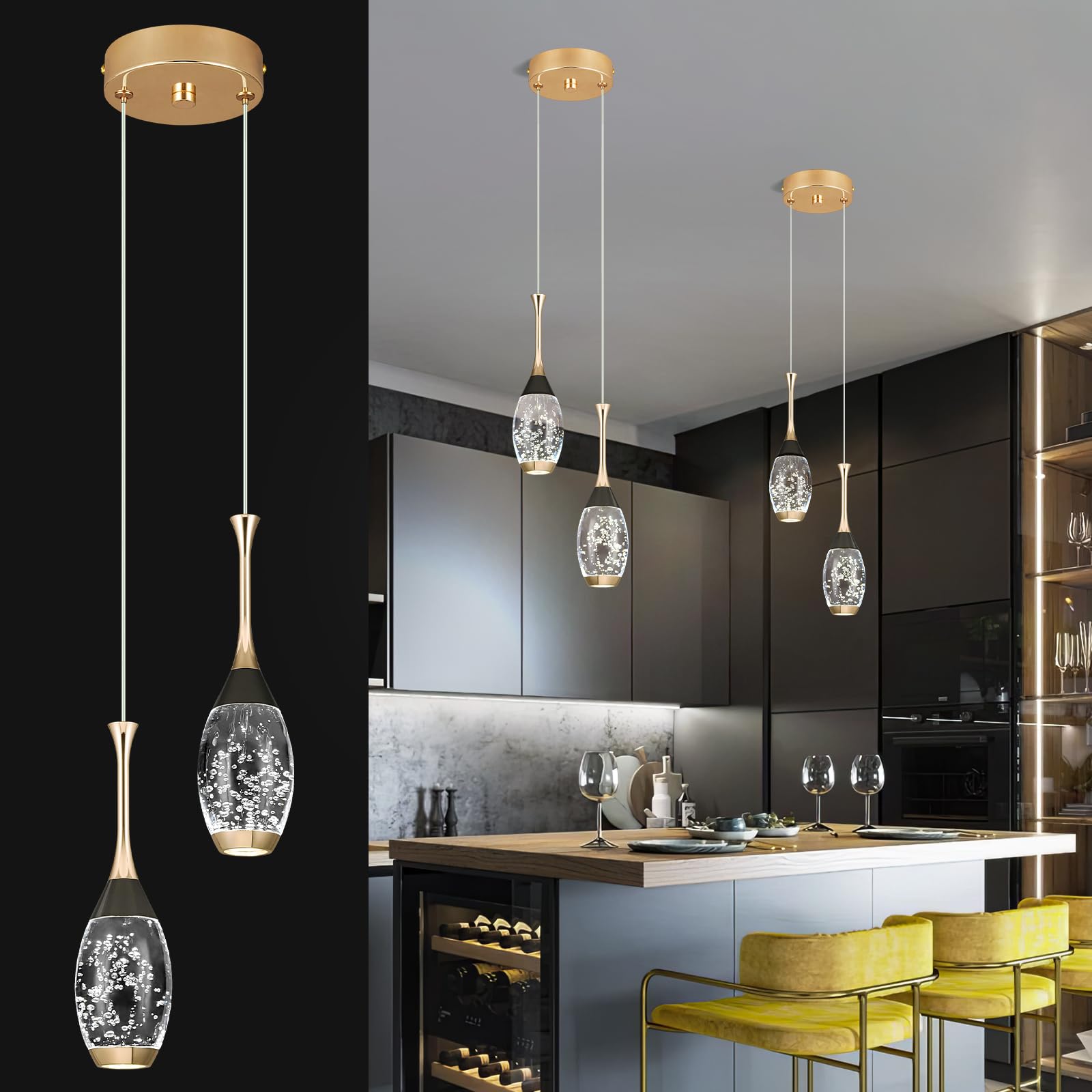 Moderne Schwarz-Gold-Hängeleuchte 2 Flammig LED-Deckenleuchten Mini Teardrop Kristall Pendelleuchte für Küche Insel Schlafzimmer Flur Eingang Hängelampe Höhenverstellbar