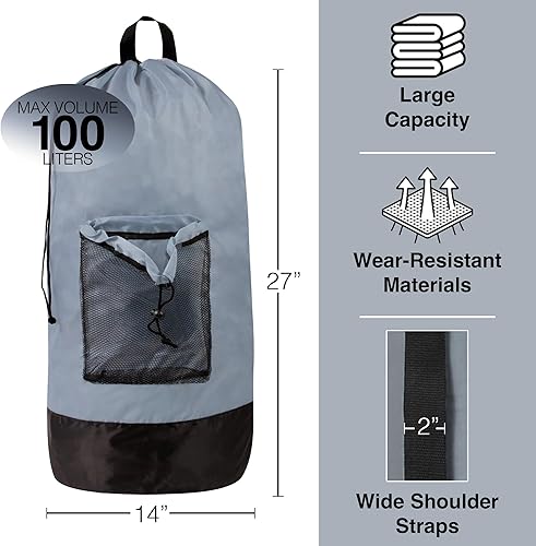 Miniatura 2 de Mochila de lavandería con correas, resistente para estudiantes universitarios, viajes Bolsas portátiles para cestas de lavandería, SMOKY, Compacto