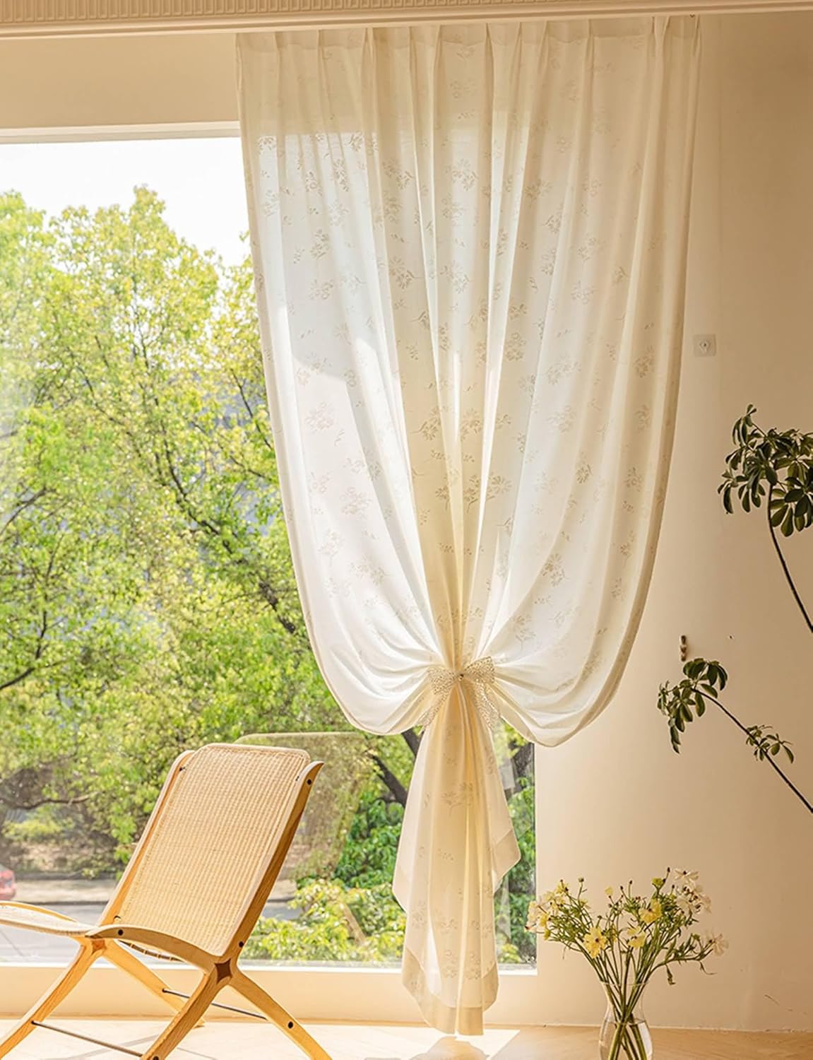 Voile Curtain 2 Panels Set 63 inch Long, Curtain Sheer Hook Solid Color Jacquard Flowers Leaves Texture Window Treatment Curtains for Bedroom Living Room Cream Beige, 42 x 63 Inch