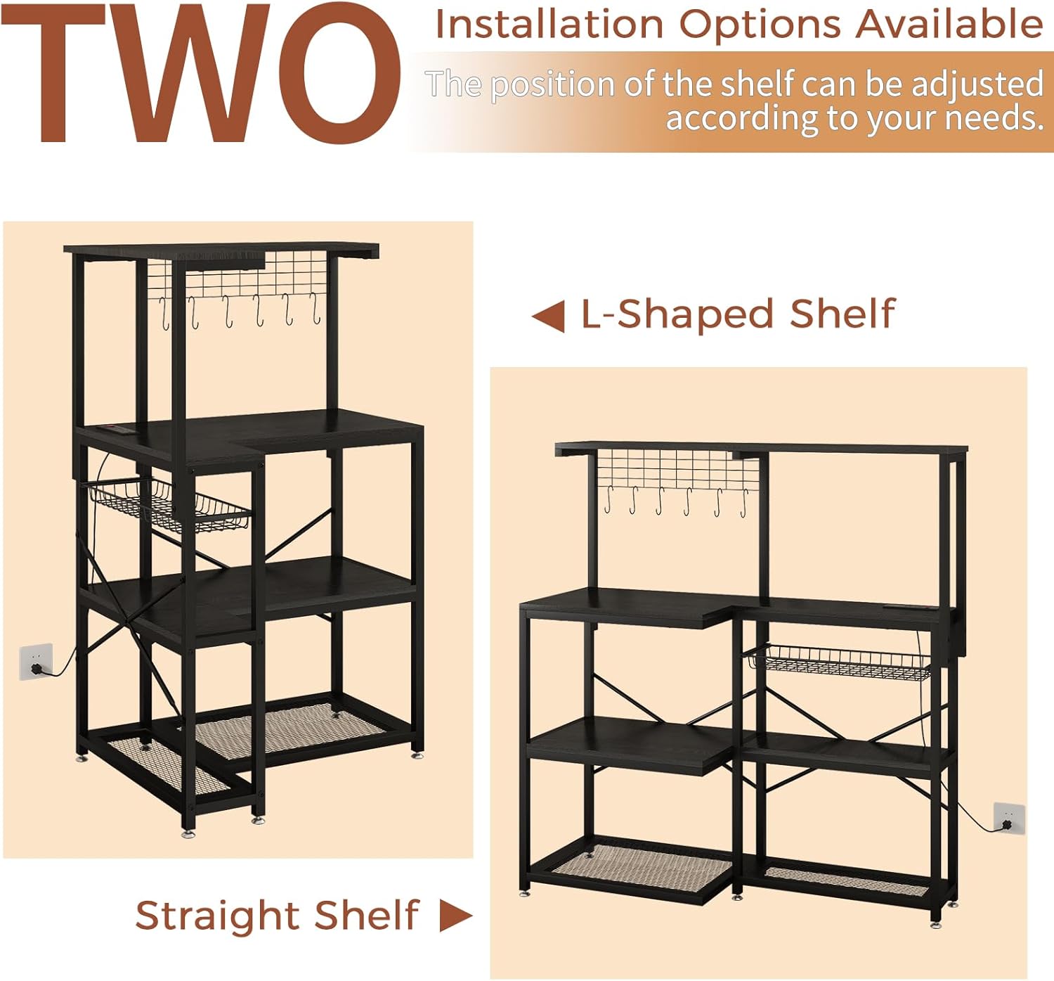Adjustable Bakers Rack with Power Outlet,Coffee Bar Station with Led Lights,Microwave Stand with Storage,5-Tier Kitchen Shelf,Kitchen Storage Rack for Spices, Pots and Pans,Black