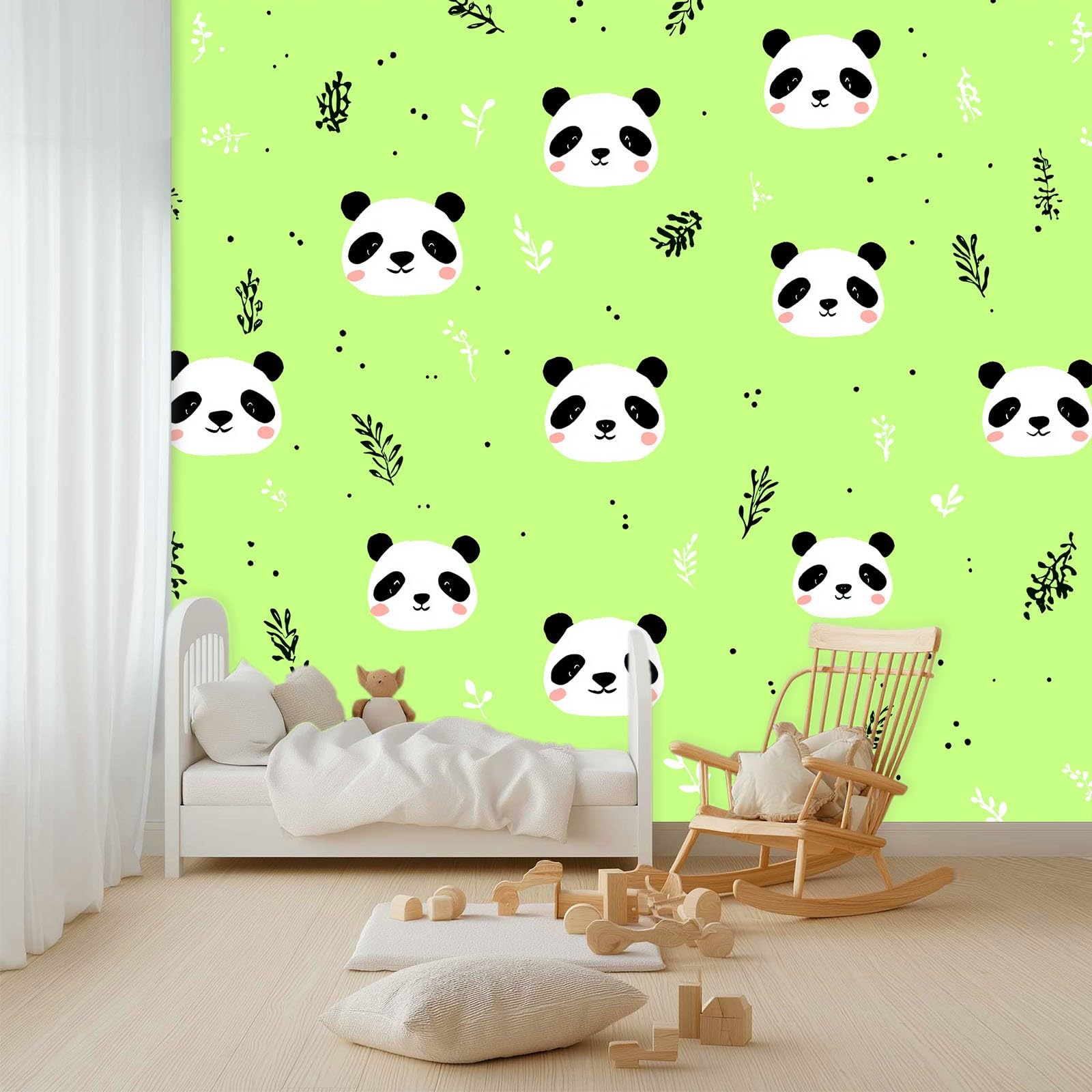 Minimalizm, zwierzęta, panda, liście, fototapeta, 200 x 140 cm, zielona, wysokiej jakości flizelina, sztuka ścienna 3D, dekoracja ścienna do salonu, sypialni, tło sofy