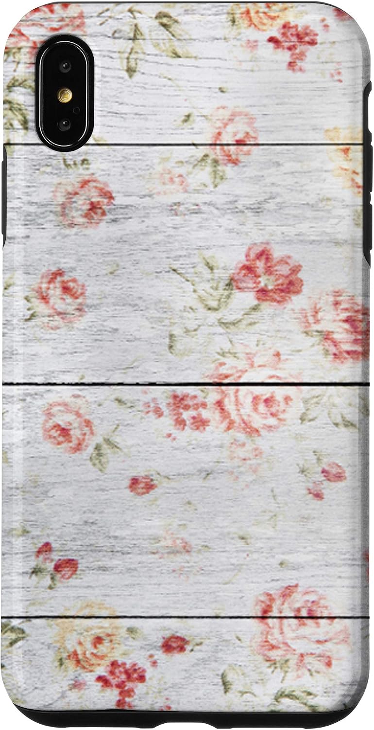 iPhone XR Pretty Floral Blush Pink Rose Woodgrain Shiplap Grey Wood Case