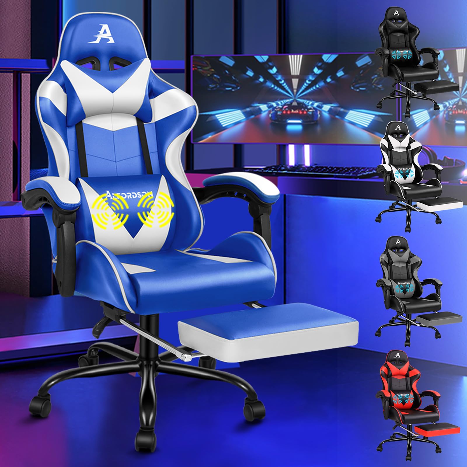 ALFORDSON Silla para Videojuegos, Silla de Escritorio de Oficina ergonómica, Silla de Carreras con Masaje, reposapiés retráctil, Capacidad de 180kg, Cuero de PU, Azul y Blanco