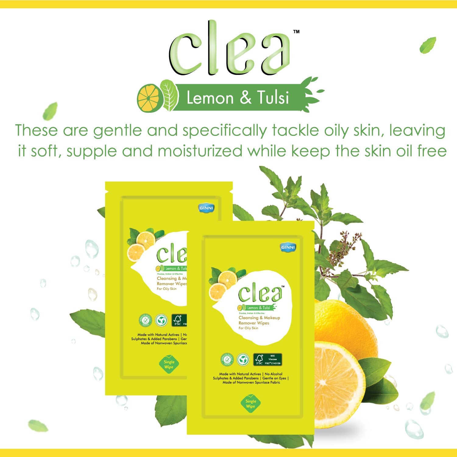 Clea Lemon & Tulsi Cleansing Makeup Remover Wet Wipes for Oily Skin - Removes Excess Oil, Moisturizes, Prevents Acne, Hydrates Skin - Pack of 5 (10 Wipes Each, Wipe Size :- 150mm x 140mm) 3