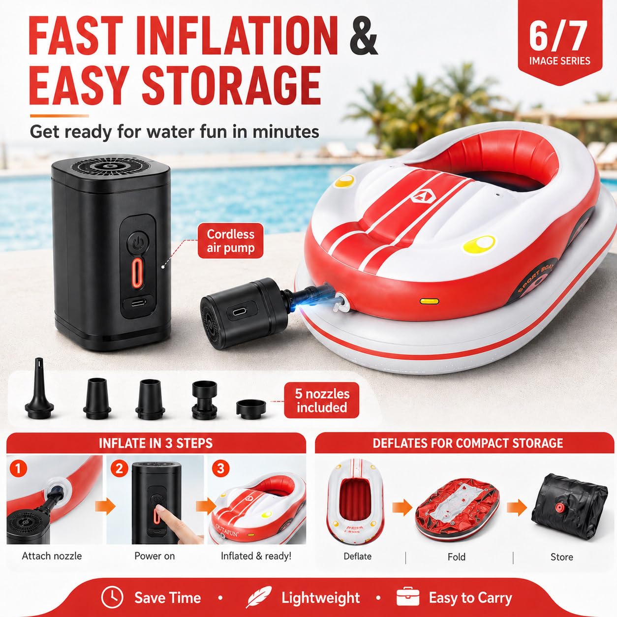 Elektrisches aufblasbares Wasserboot, motorisierter Float für Erwachsene Red | Einfache Richtungssteuerung, stabile Konstruktion, komfortabler Cockpitbereich, tragbares Zubehör, Pool Freizeitspaß