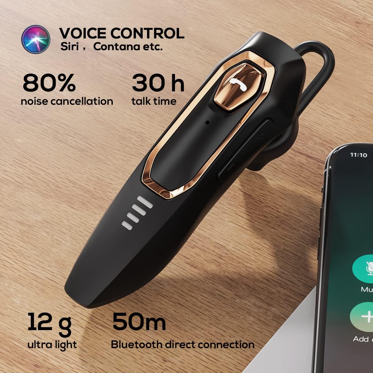 Micool Bluetooth Earpiece, Noise Canceling Trucker Headset, 30H Talking Time, 2 Microphones, Hands Free Bluetooth Earpiece for Cell Phones, Long Battery Life for Work