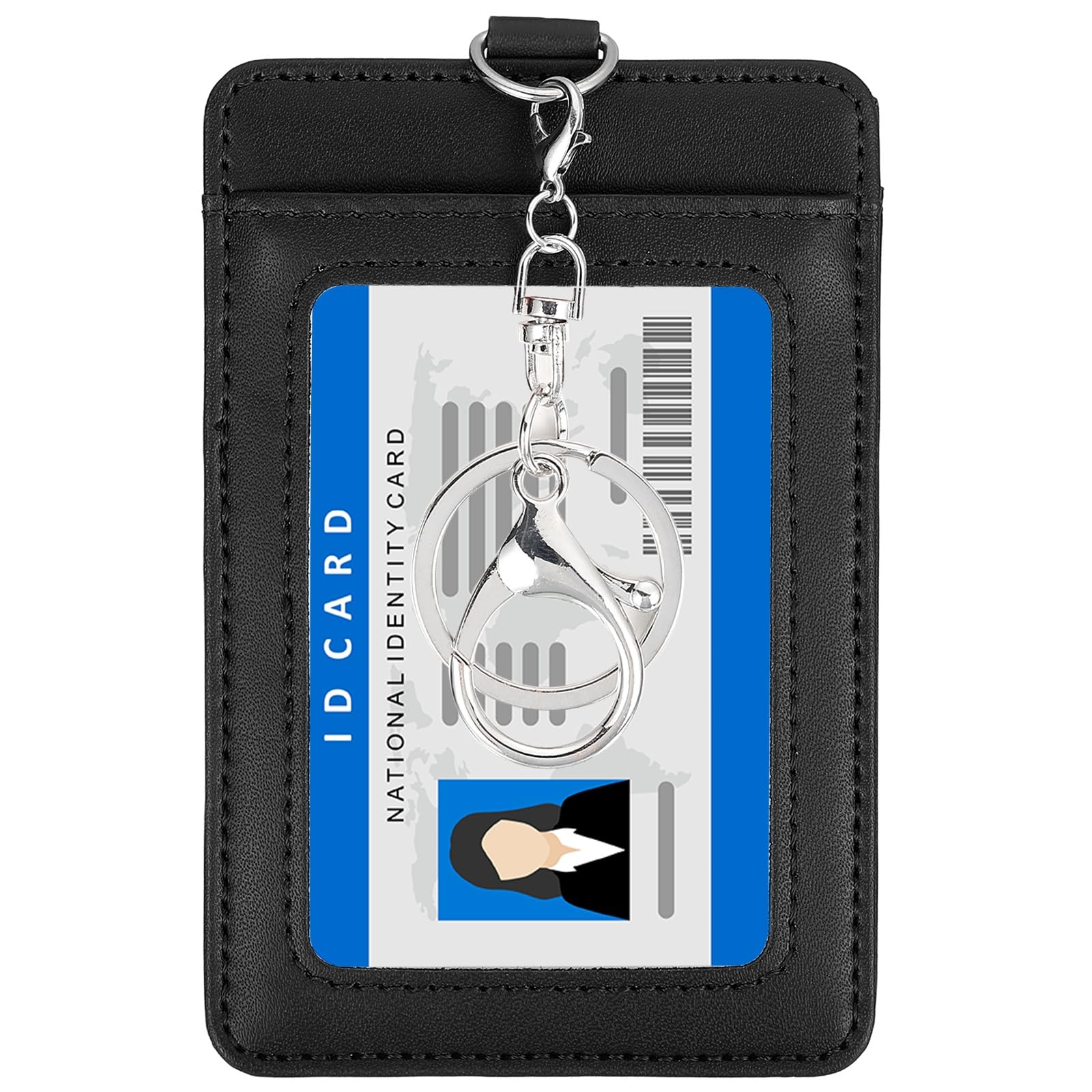 PATIKIL 4.7 x 3.2 x 0.2 Leather Badge Holder with Clear ID Window, Front Pocket Vertical Credit Card Holder & Swivel Metal Clasp Keyring for Employees, Staff, College, Black