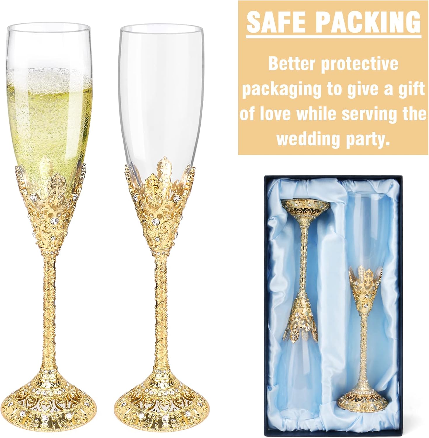 Champagne Flutes-Set of 2 Champagne glasses, Crystal Glasses&Metal Base, Toasting Flute Pair, Wedding Anniversary, Party,Birthday,Banquets,Gifts for Bride and Groom 6 oz-Gold - Image 4