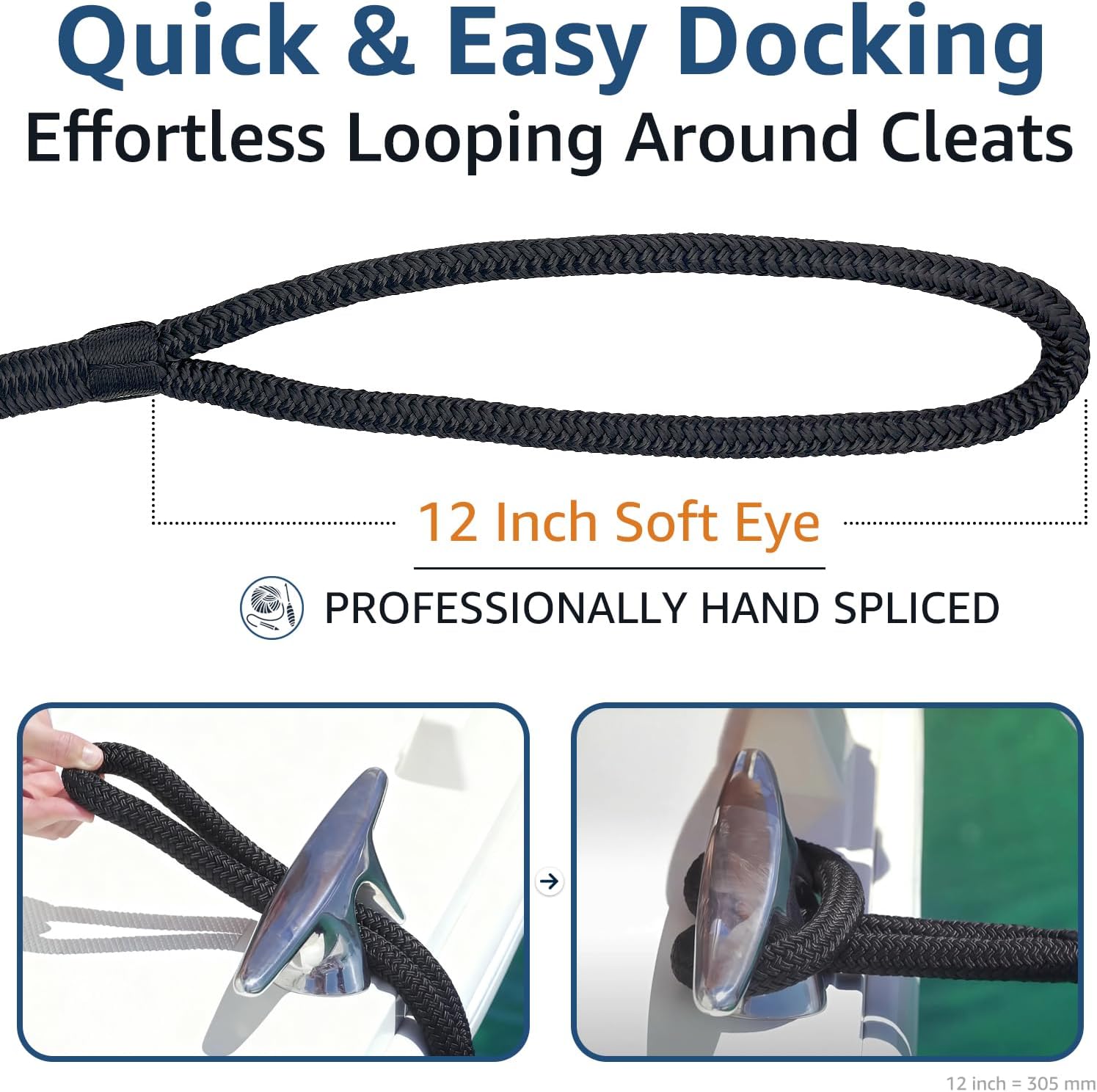 Boat Dock Lines 2 Pack 3/8" x 25' Double Braided Nylon Boat Ropes for Docking with 12" Loop, Marine Grade High Strength Boat Lines, Premium Marine Rope Mooring Lines, Easy Handling, Black - Image 5