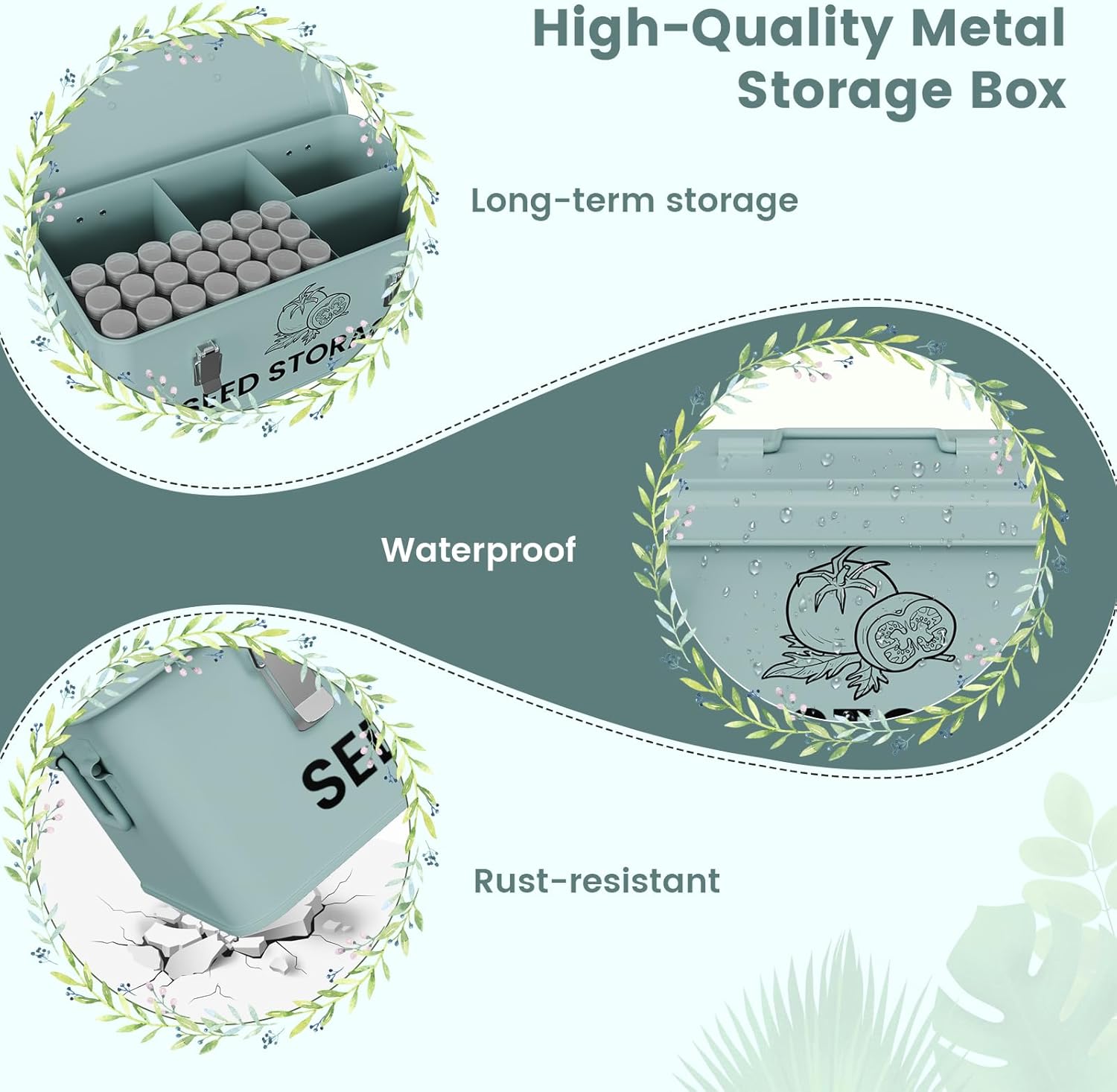 Seed Storage Organizer Box, Metal Seed Box, Garden Seed Organizer with Lid, Seed Containers Storage with 5 Compartments, 30 Seed Holder Organizers, 100pcs Seed Envelopes (Blue)