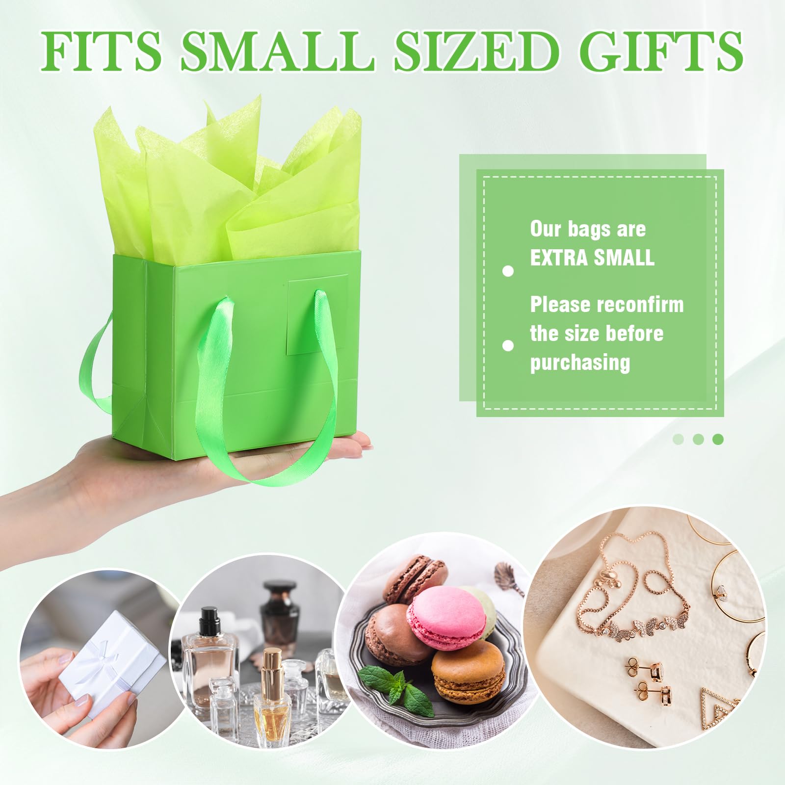 Qilery Mini-Geschenktüten aus Papier, Großpackung mit Seidenpapier, kleine Geschenktüten mit Griff und Etiketten, für Geburtstag, Hochzeit, Erntedankfest, Weihnachten, Party, Geschäft (Grasgrün, 11,9