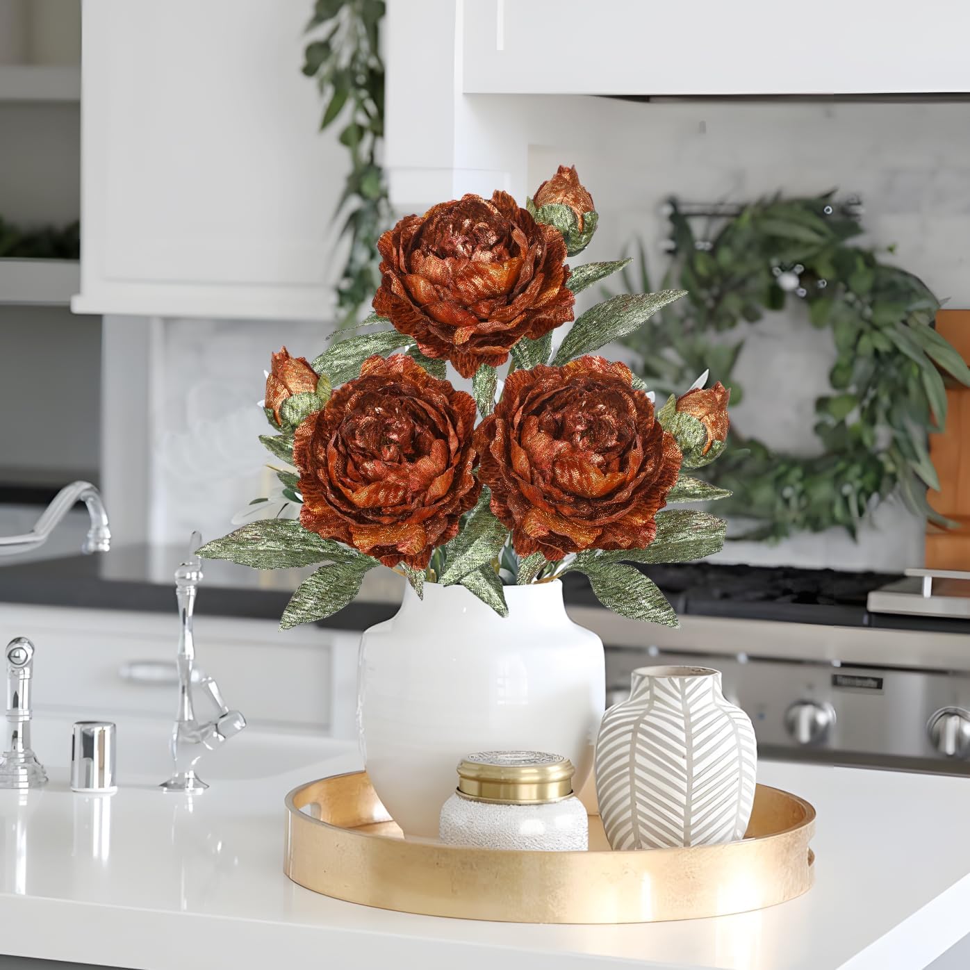 Briful 3PCS Artificial Christmas Peony Flower Stems, 15in Silk Peonies with Bud Fake Peony Floral Arrangement for Xmas Home Vase Party Wedding Bouquet Decor, Bronze