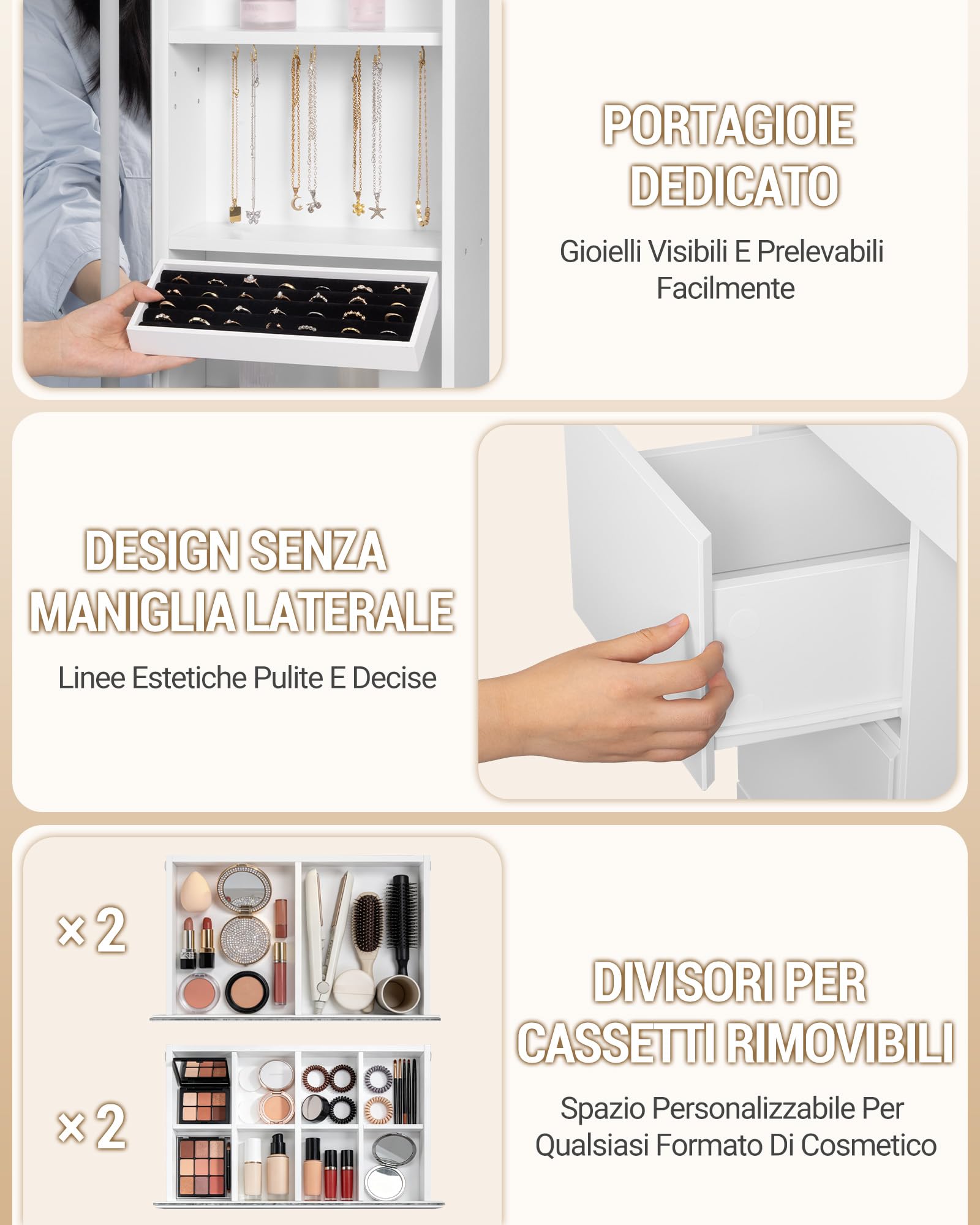 Hzuaneri 108 cm Toeletta Trucco, Postazione Trucco con Piano in Vetro, Striscia Luminosa RGB, 8 Cassetti, 9 Scaffali a Giorno, Deposito Gioielli, per Camera da Letto, Bianco 1180203XEU