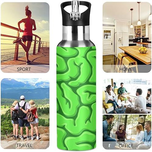 Miniatura 2 de Botella de agua de cerebro humano verde para niños, con aislamiento al vacío, taza de acero inoxidable sin BPA con asa y tapa de popote, regalos de