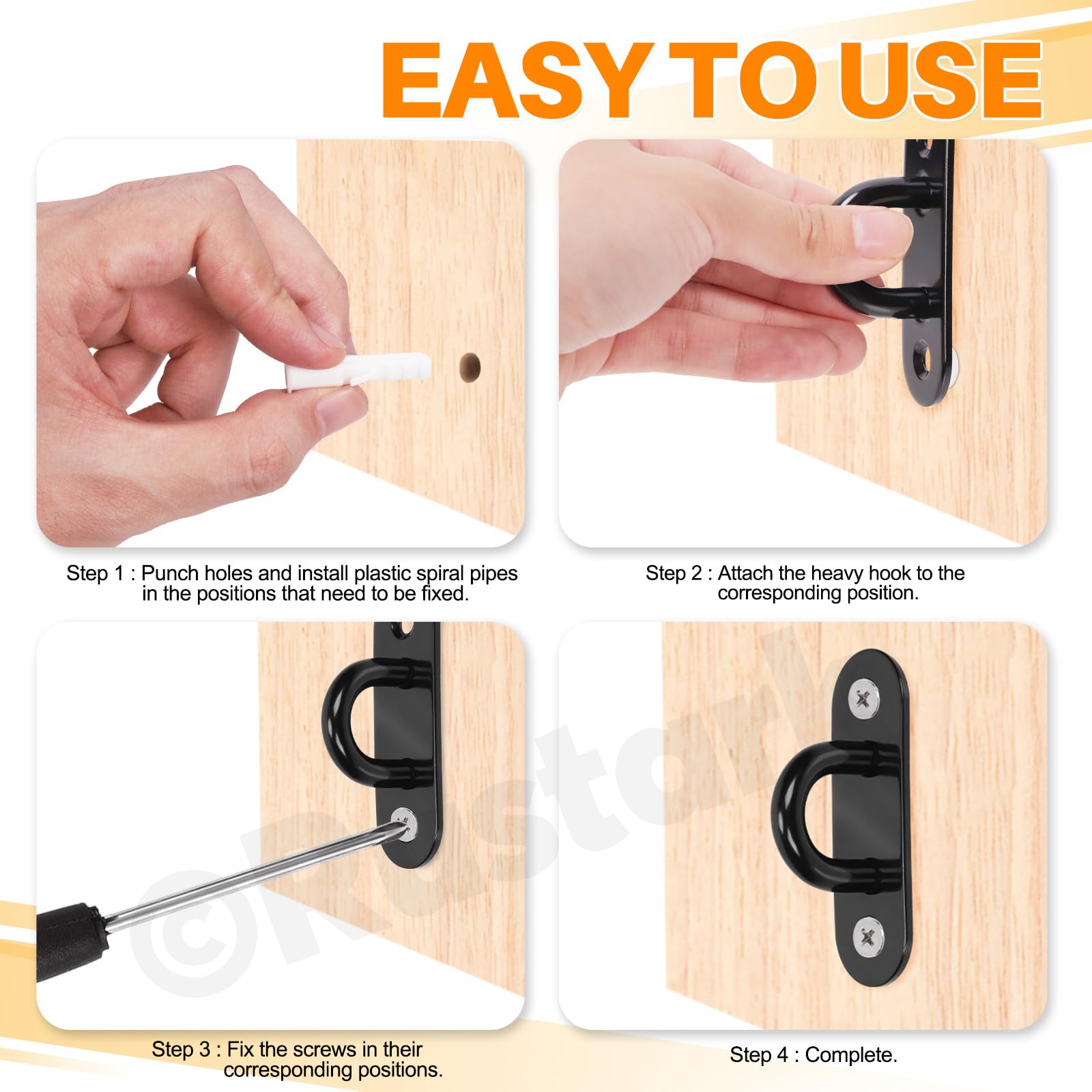 Rustark 4Pcs M8 304 Stainless Steel Oval Pad Eye Plate Hook Assortment Kit Black Pad Eyes Plate Marine Hardware Hook with Screw Heavy Duty Ceiling Hooks for Swing Hanging Outdoor and Indoor Activity - Image 4