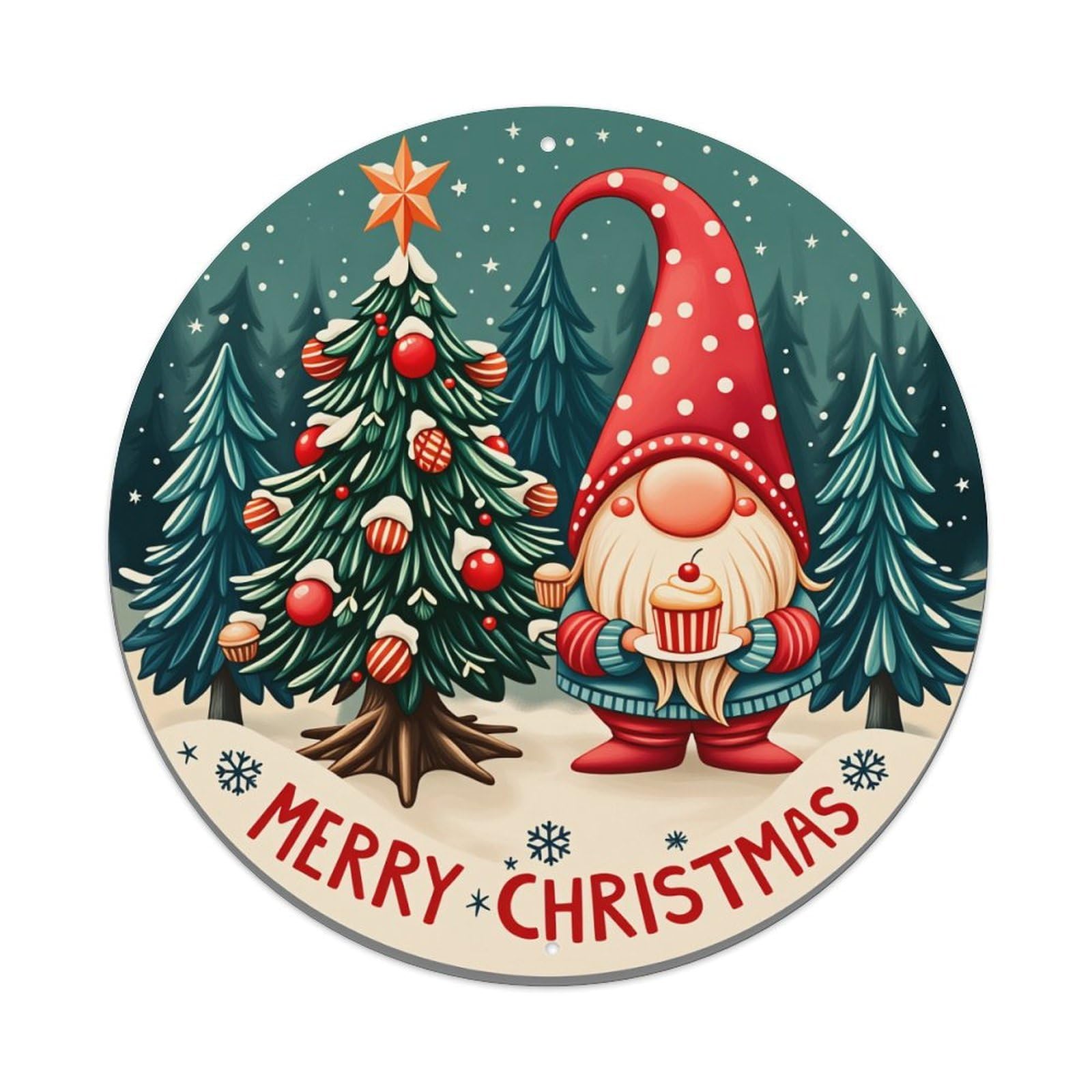 Christmas Gnome Tree Snowflake Star Round Tin Sign Vintage Metal Poster Retro Bar, Home, Man Cave, Kitchen, Laundry Room Wall Art Decor Gift 8x8Inch