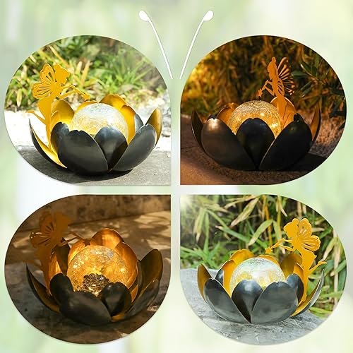 Miniatura 5 de Afirst Luces solares para exteriores, lámpara solar de loto de hadas para decoración de jardín, metal agrietado, cristal, decorativo, impermeable,