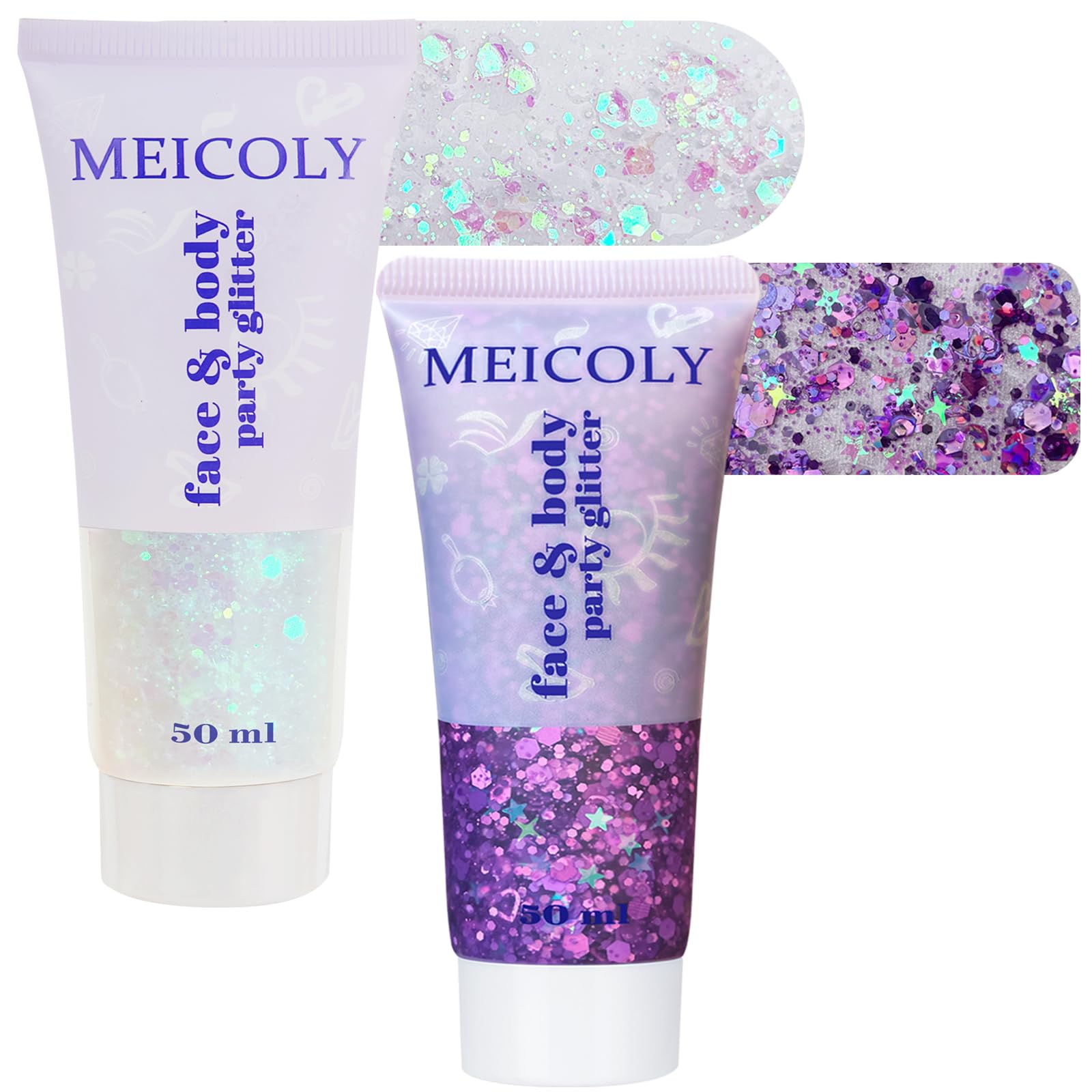 MEICOLY Purple and Clear White Face Body Glitter Set,Mermaid Face Glitter Gel,Singer Concerts Festival Rave Accessories,Sparkling Sequins Glitter Face Paint for Women and Kids,Chunky Glitter Makeup