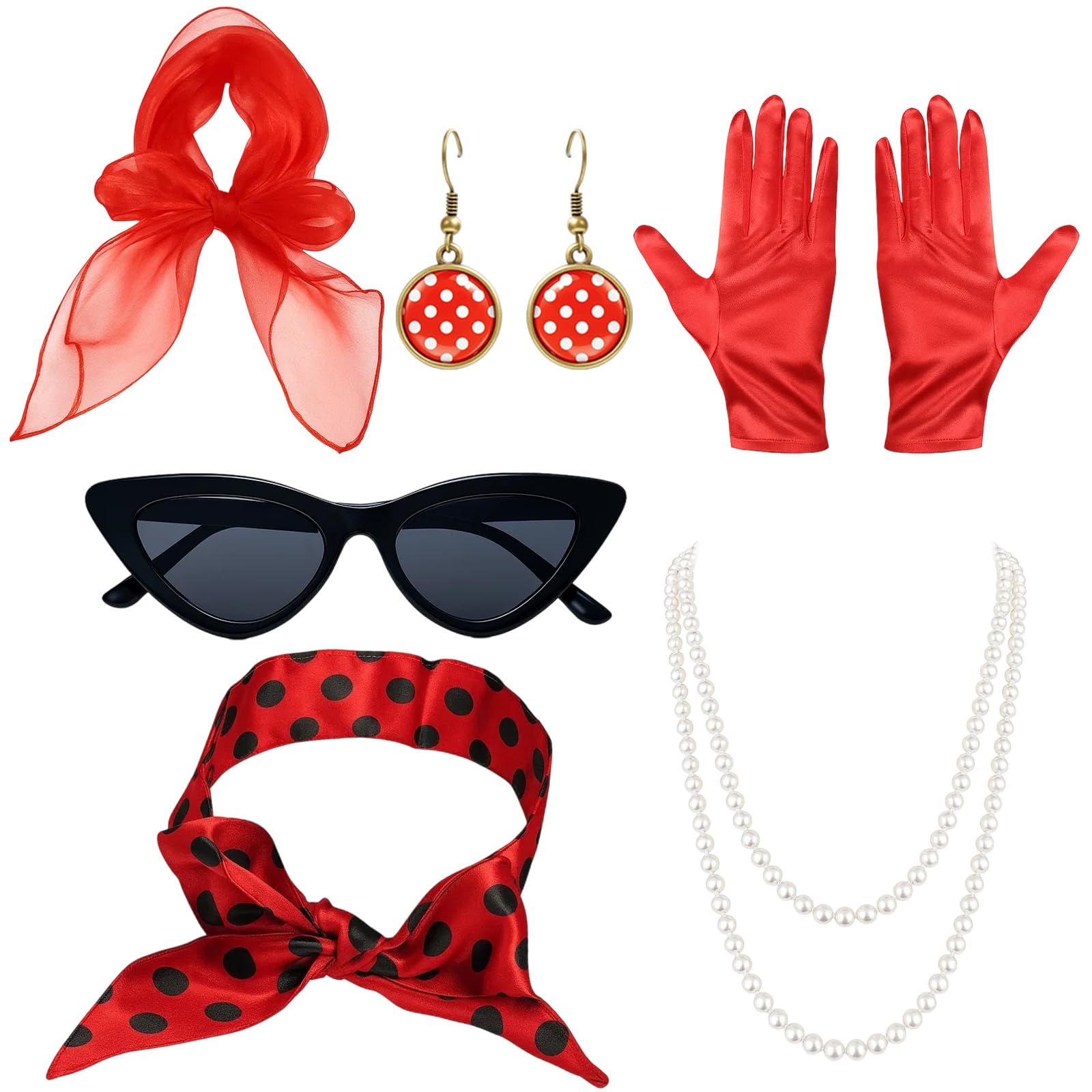 8-Piece 1950s Grease Fancy Dress Accessories Set for Women, Retro 1940s Dresses for Women, Cat Eye Glasses Polka Dot Bandana Tie Headband Necklace Gloves Bracelet, Ideal for Party Halloween Costume