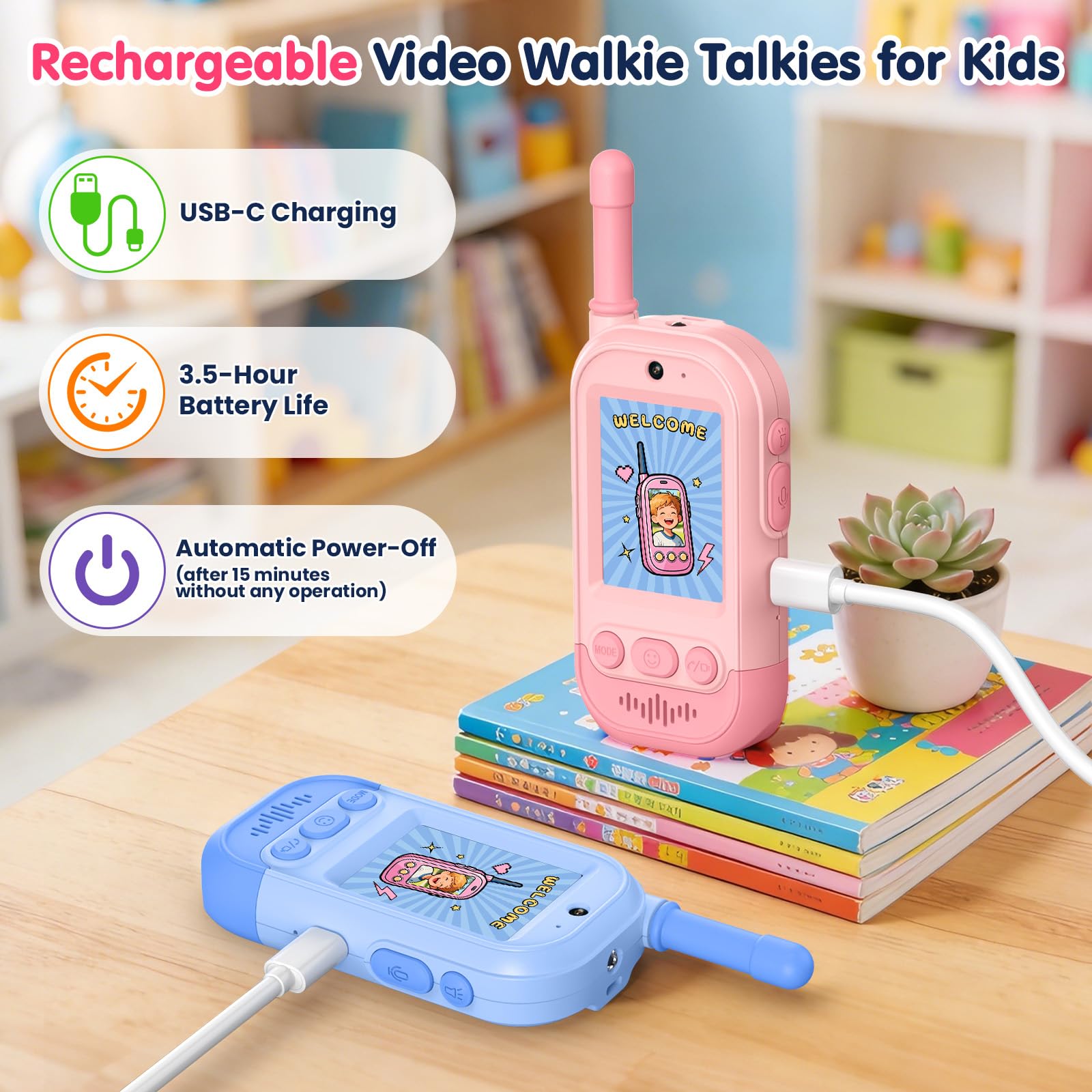 Gofunly Video Walkie Talkie Bambini, Set da 2 Dispositivi Ricaricabili con Interfono Video, Giochi per Interni ed Esterni per Attività in Famiglia per Ragazzo e Ragazza dai 3 ai 12 Anni - Rosa+Blu
