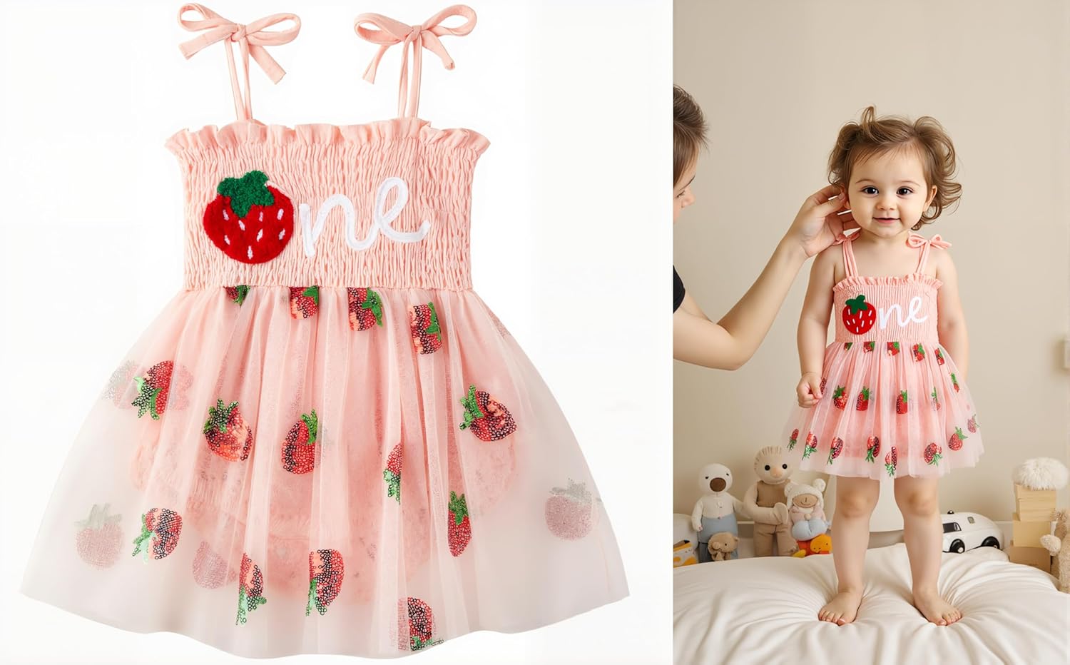 Baby Girl First Birthday Outfit Summer Sleeveless Smocked Fairy Berry One Romper Tulle Dress + Headband - Image 4