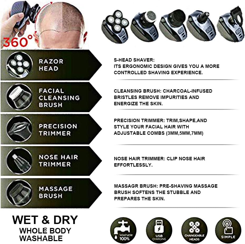 Electric Shaver for Men Electric Razor Bald Head Shaver Rotary Cordless Hair Clippers Nose Hair Trimmer Waterproof USB Rechargeable Razor Head Shaver-Silver