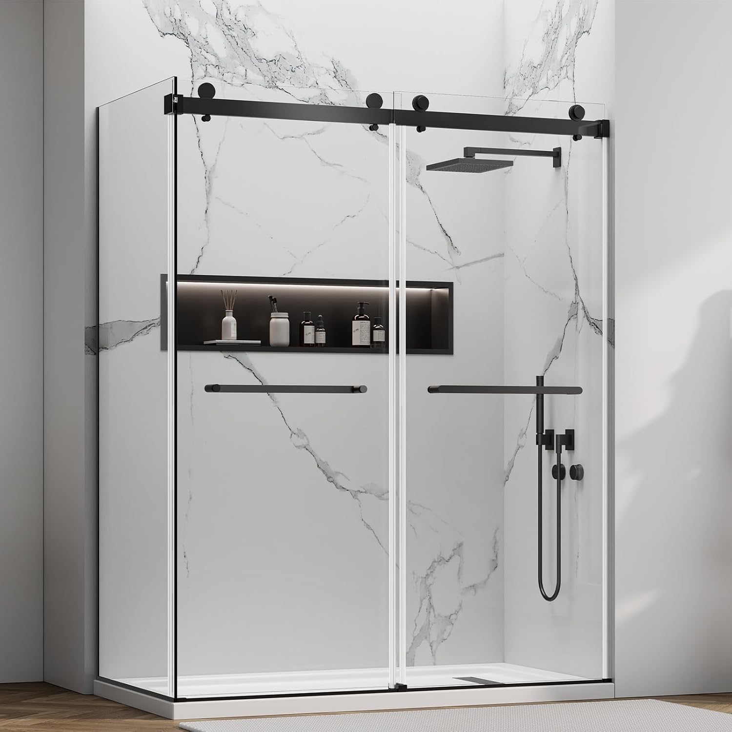 56-60" W x 32" D x76 H Frameless Shower Enclosure,Double Sliding Corner Shower Door,304 Stainless Steel Towel Bar Nano Coating Easy to Clean Tempered Glass, L-Shaped Glass Shower Door Black