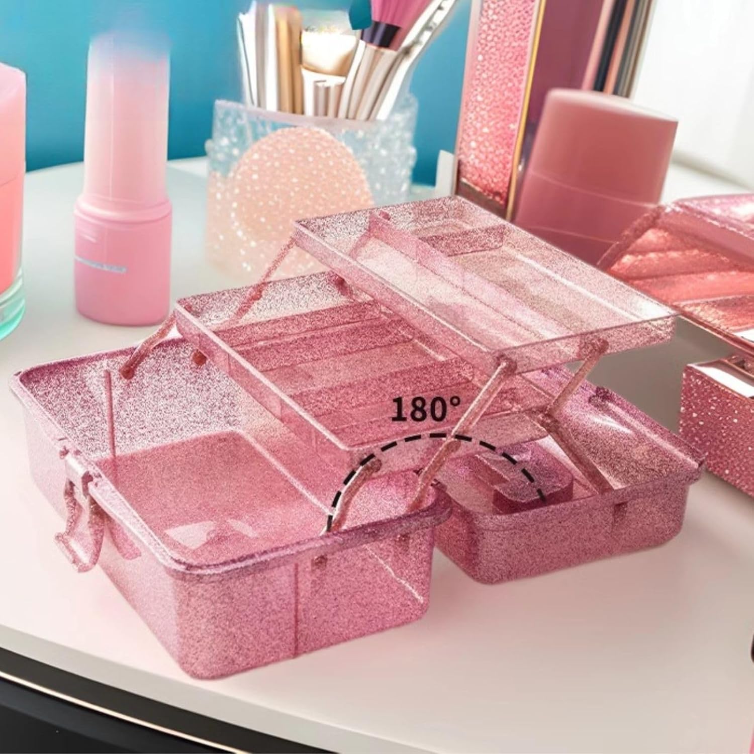 Saim Storage Bins, Three-Layer Multipurpose Art & Craft Storage Container, Carry Tackle Organizer, Medicine Cosmetic Art Supply Box for Art Supply Makeup Hair Accessories Painting Tools - Pink