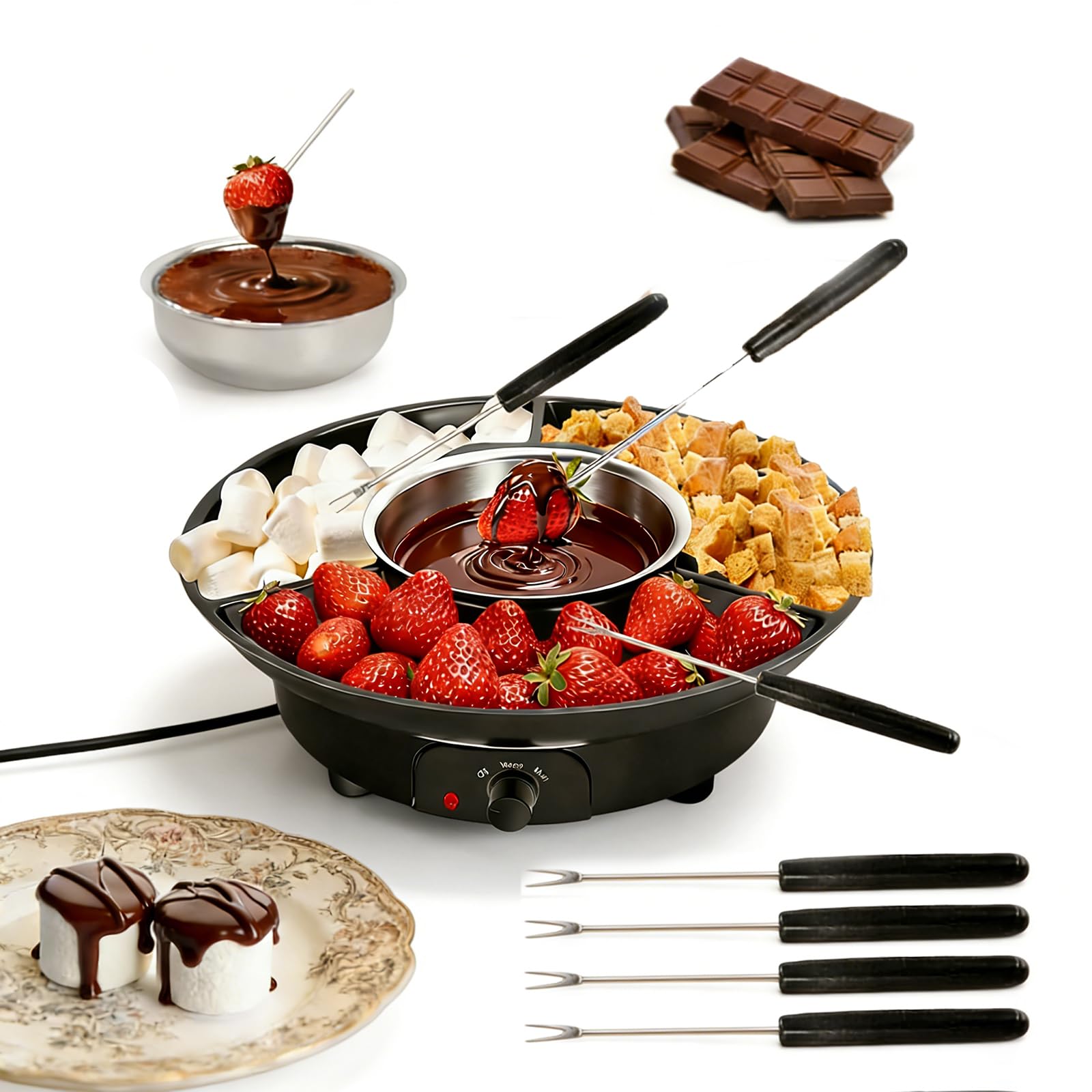 Set elettrici per fonduta di Cioccolato,Kit per fonduta di Cioccolato, Controllo della Temperatura, vassoi da Portata Rimovibili e 4 forchette per arrostire,Set Regalo e Idea per l'appuntamento Black