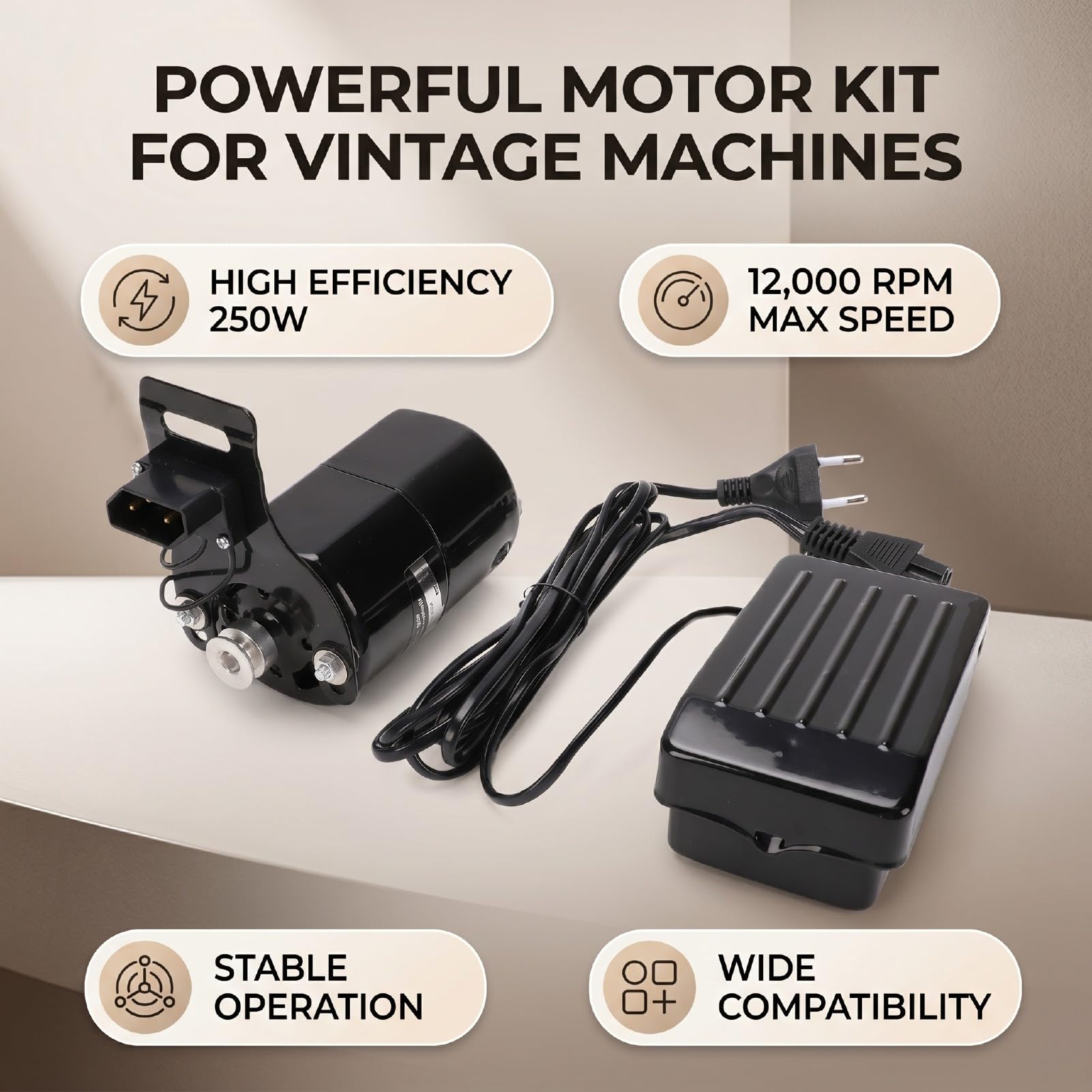 Jectse Motor de Máquina de Coser de 250 W, Kit de Motor de Pedal de Alta Velocidad de 12000 RPM, Reemplazo de de Máquina de Coser Vintage Resistente para Modelos Domésticos, Domésticos Antiguos e