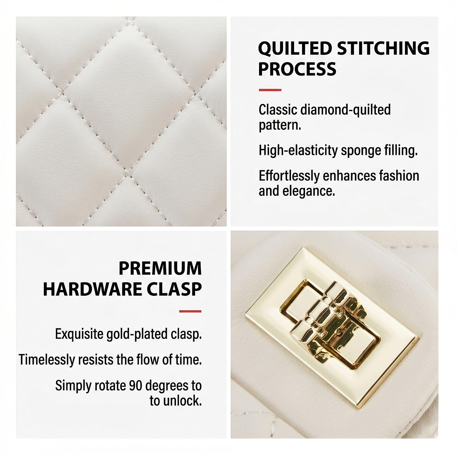 Bolso Bandolera Mujer de Cuero Genuino, Elegante Bolso de Hombro con Solapa y Cadena de Bola de Oro Ajustable, Bolso Cuadrado Clásico Blanco