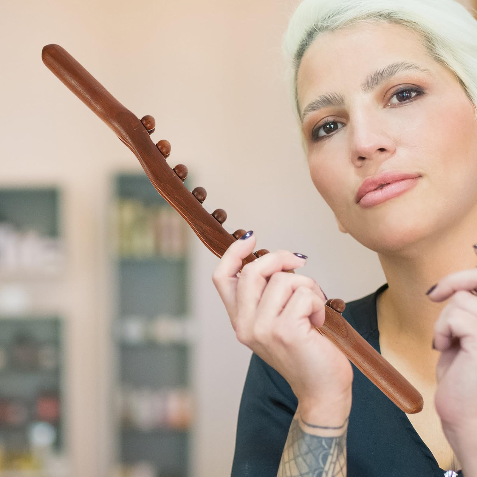 Rodillo de Masaje de Madera Cuentas Redondas para Cuello y Cintura