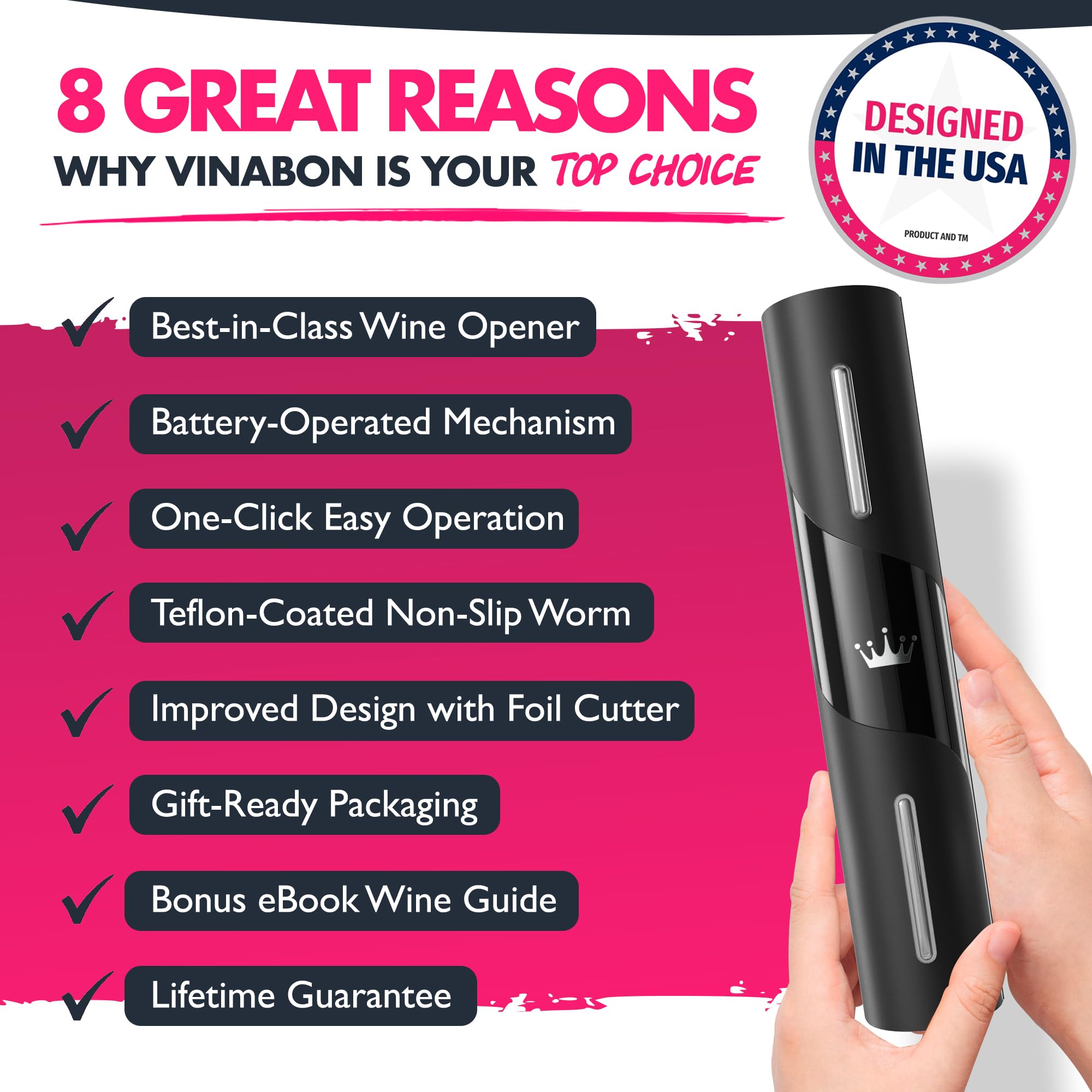 VINABON Battery-Operated Wine Opener - Premium 2025 Electric Wine Bottle Opener with Wine Foil Cutter - One-Click Reusable Automatic Electronic Wine Opener Corkscrew. Includes WineGuide Ebook